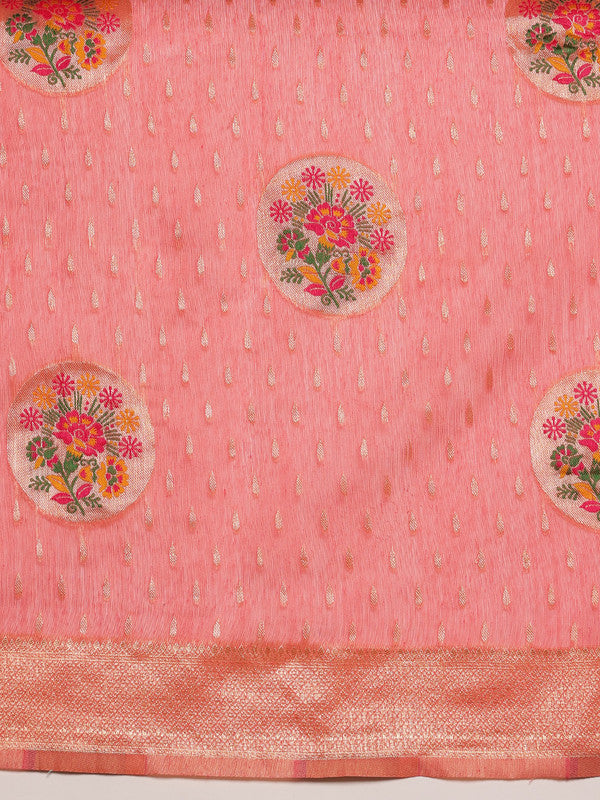 Pink Cotton Woven Thread Floral Saree with Unstitched Blouse - Hiral Fashion | Swadesiicart