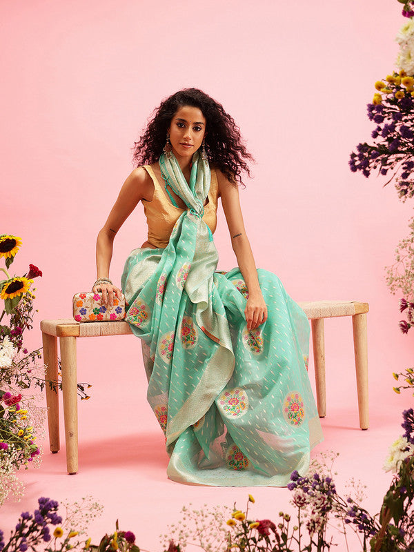 Turquoise Cotton Woven Thread Floral Saree with Unstitched Blouse - Hiral Fashion | Swadesiicart