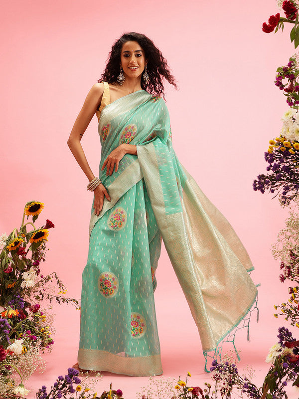 Turquoise Cotton Woven Thread Floral Saree with Unstitched Blouse - Hiral Fashion | Swadesiicart
