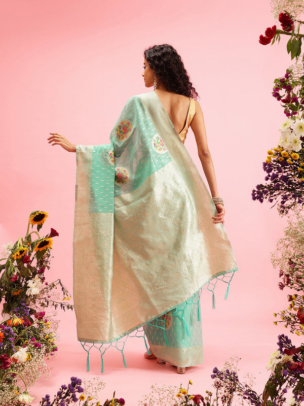 Turquoise Cotton Woven Thread Floral Saree with Unstitched Blouse - Hiral Fashion | Swadesiicart