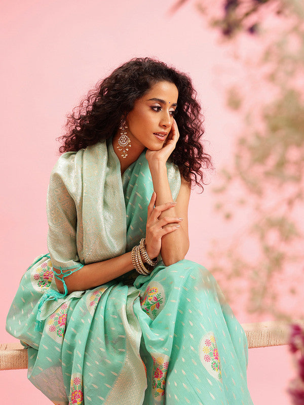 Turquoise Cotton Woven Thread Floral Saree with Unstitched Blouse - Hiral Fashion | Swadesiicart