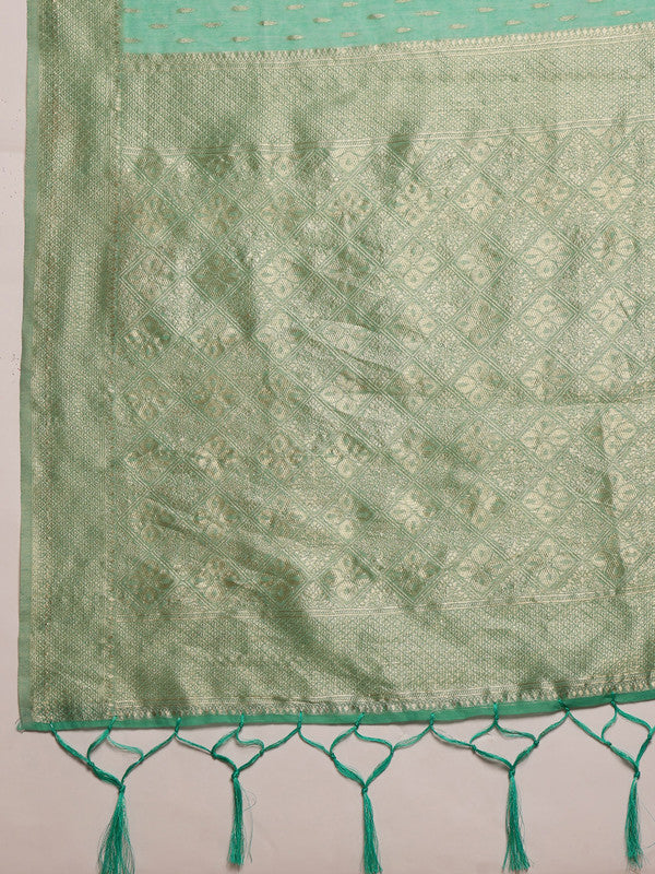 Turquoise Cotton Woven Thread Floral Saree with Unstitched Blouse - Hiral Fashion | Swadesiicart
