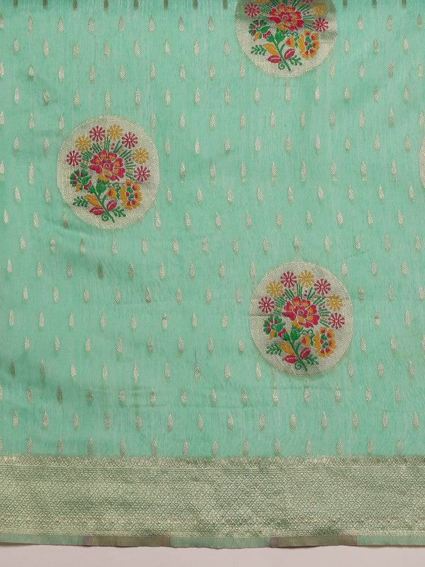 Turquoise Cotton Woven Thread Floral Saree with Unstitched Blouse - Hiral Fashion | Swadesiicart