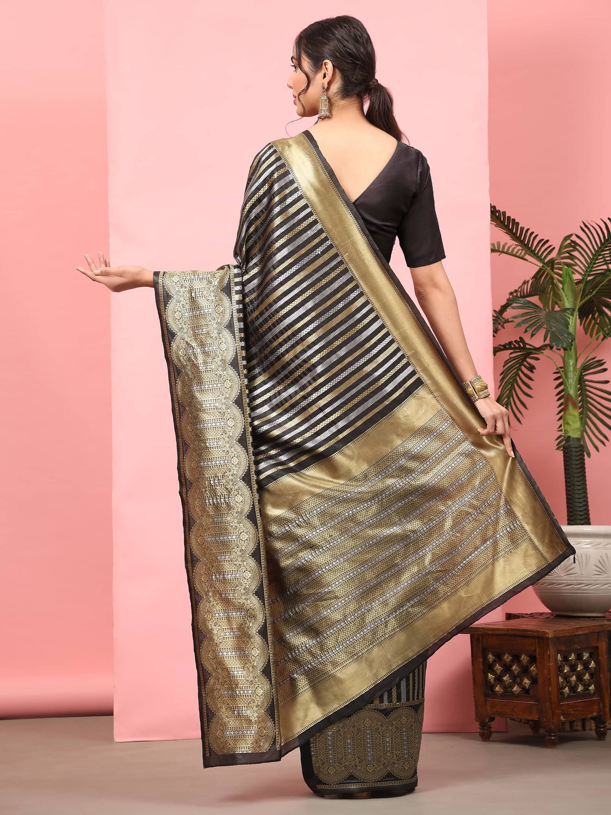 Hiral Fashion Black Banarasi Art Silk Striped Zari Woven Saree | Swadesiicart