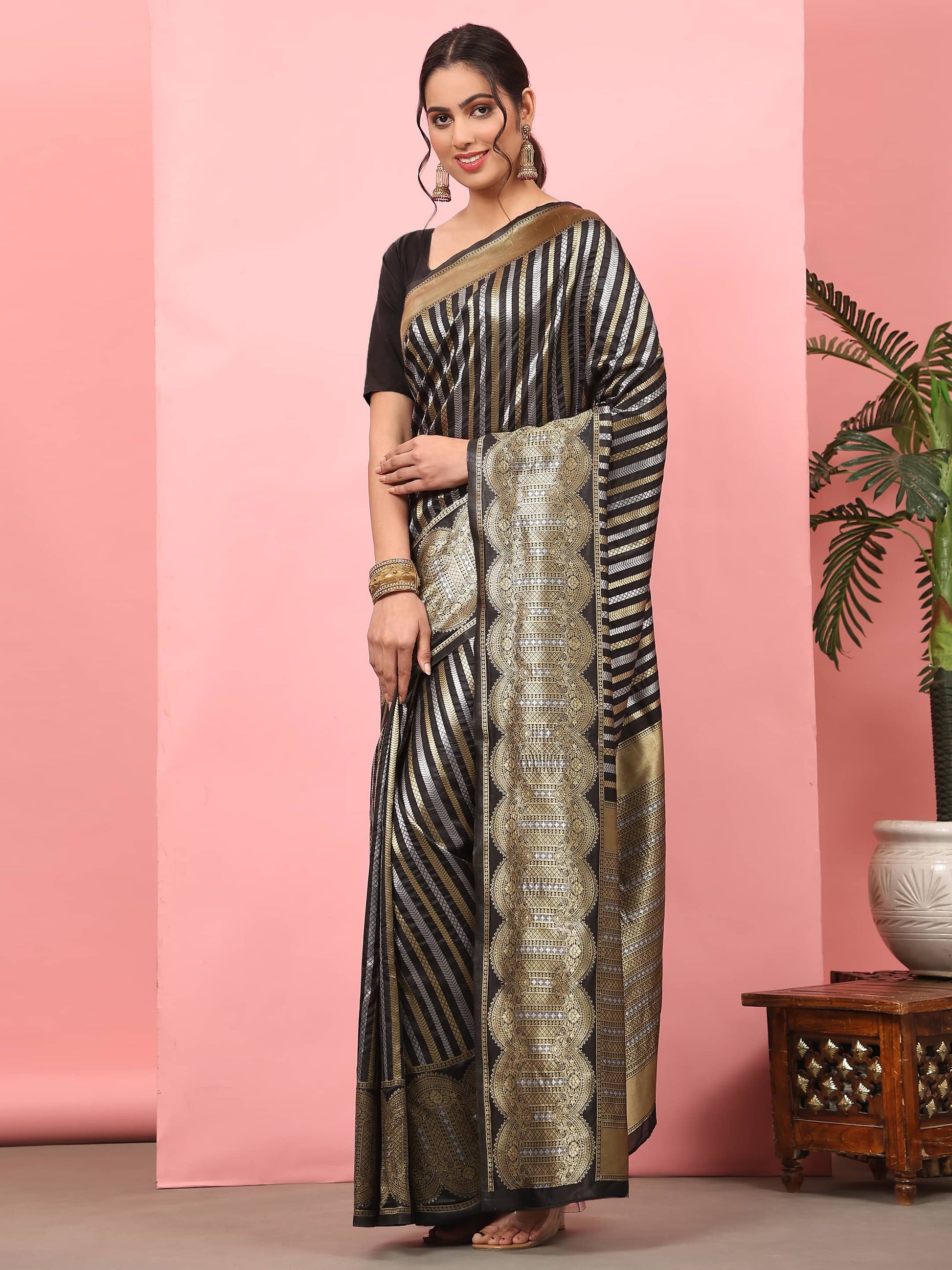 Hiral Fashion Black Banarasi Art Silk Striped Zari Woven Saree | Swadesiicart