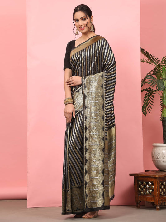 Hiral Fashion Black Banarasi Art Silk Striped Zari Woven Saree | Swadesiicart