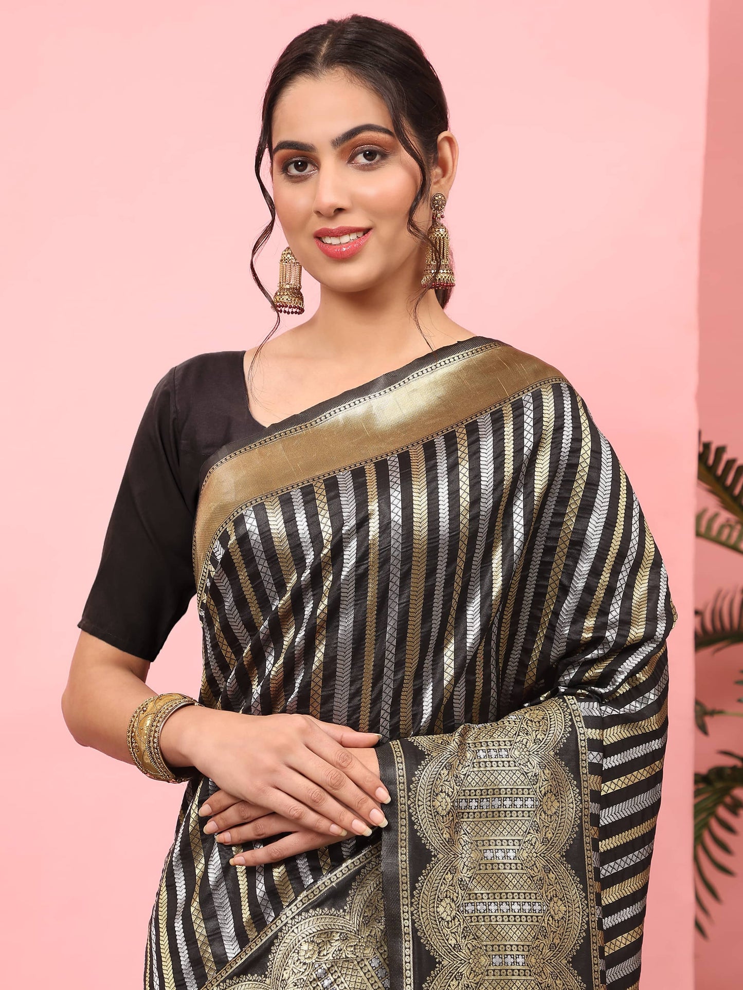 Hiral Fashion Black Banarasi Art Silk Striped Zari Woven Saree | Swadesiicart