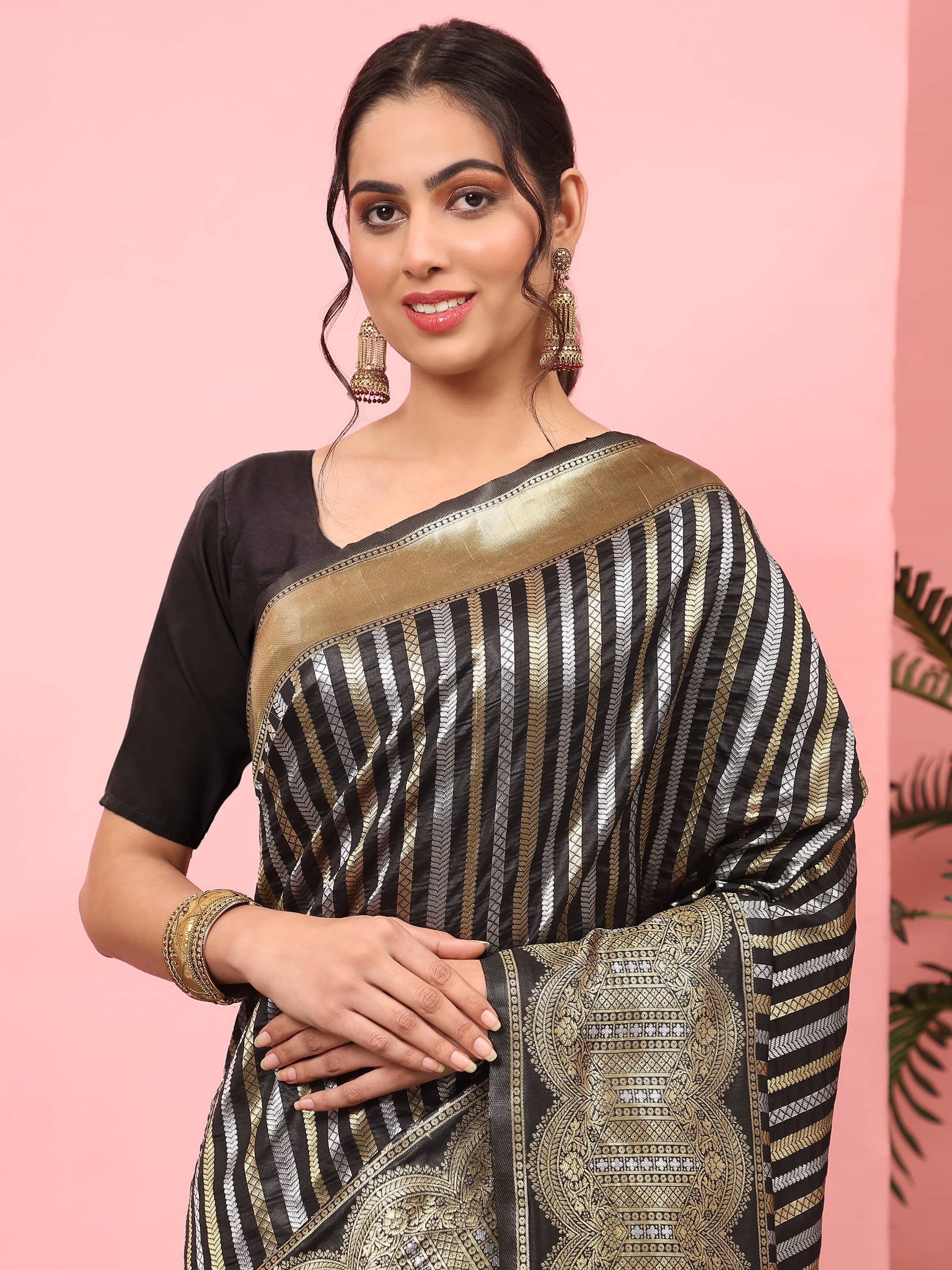 Hiral Fashion Black Banarasi Art Silk Striped Zari Woven Saree | Swadesiicart