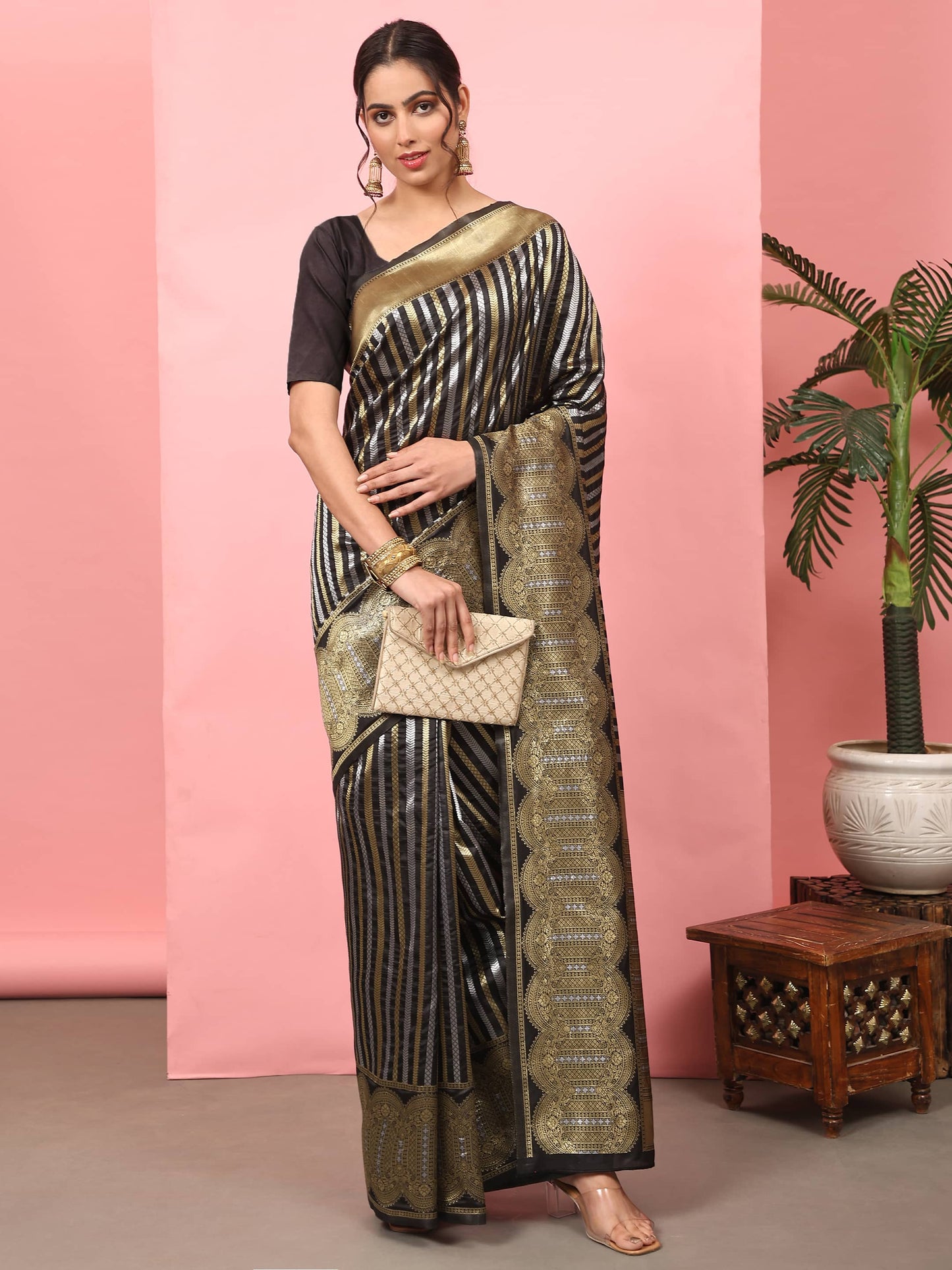 Hiral Fashion Black Banarasi Art Silk Striped Zari Woven Saree | Swadesiicart