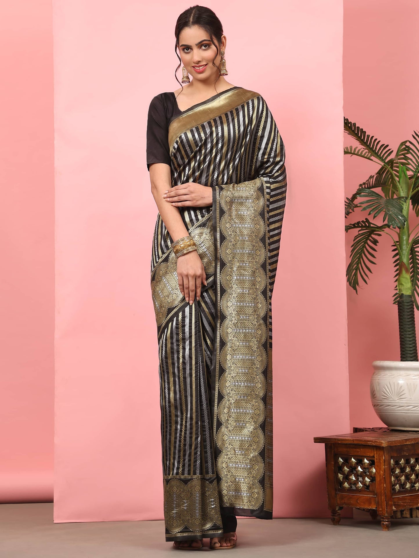 Hiral Fashion Black Banarasi Art Silk Striped Zari Woven Saree | Swadesiicart