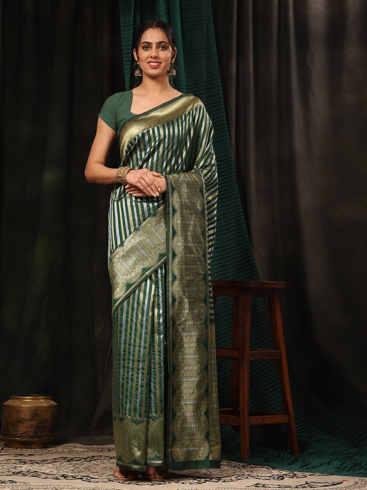 Hiral Fashion Green Banarasi Art Silk Striped Zari Woven Saree | Swadesiicart