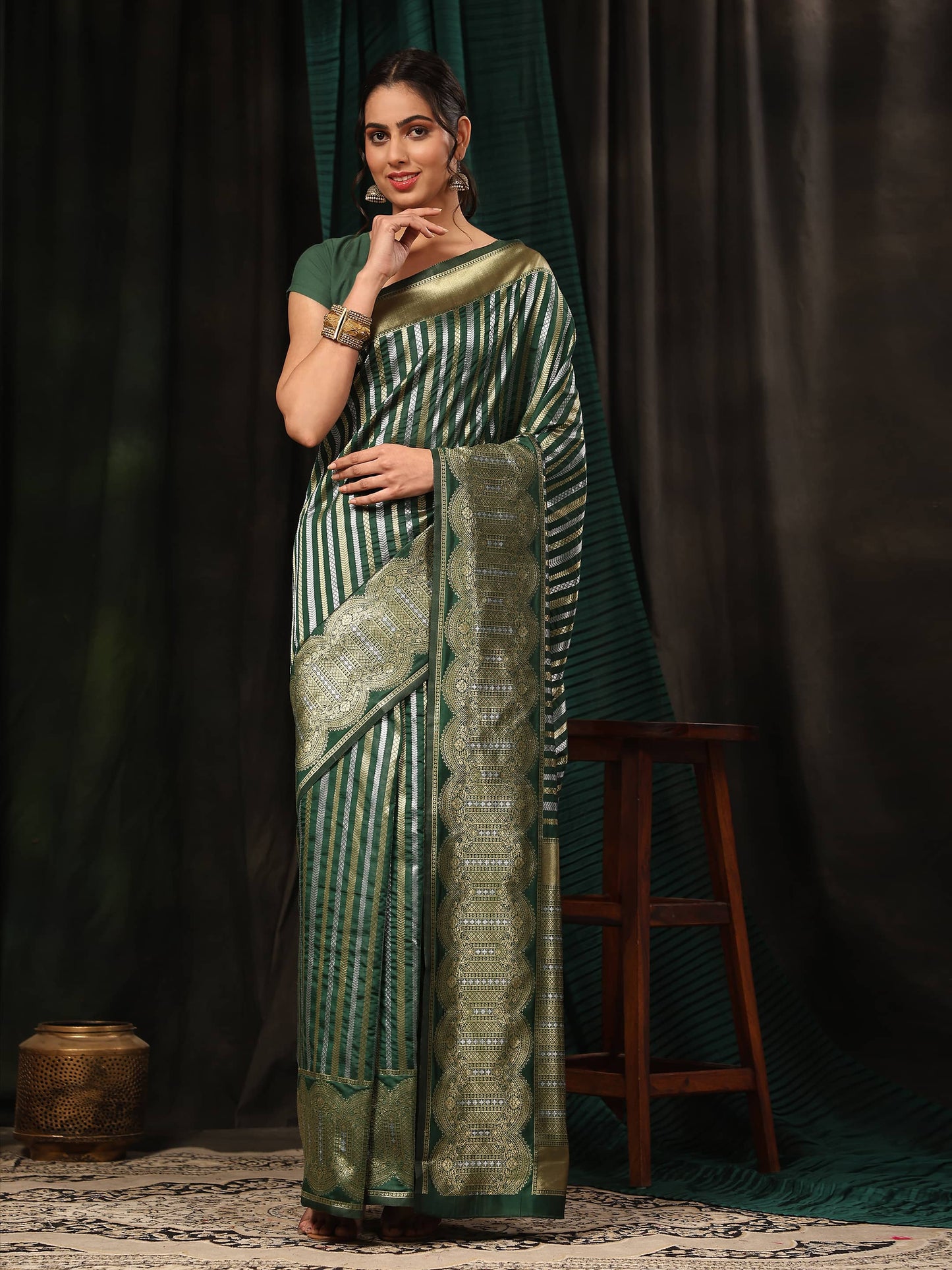 Hiral Fashion Green Banarasi Art Silk Striped Zari Woven Saree | Swadesiicart