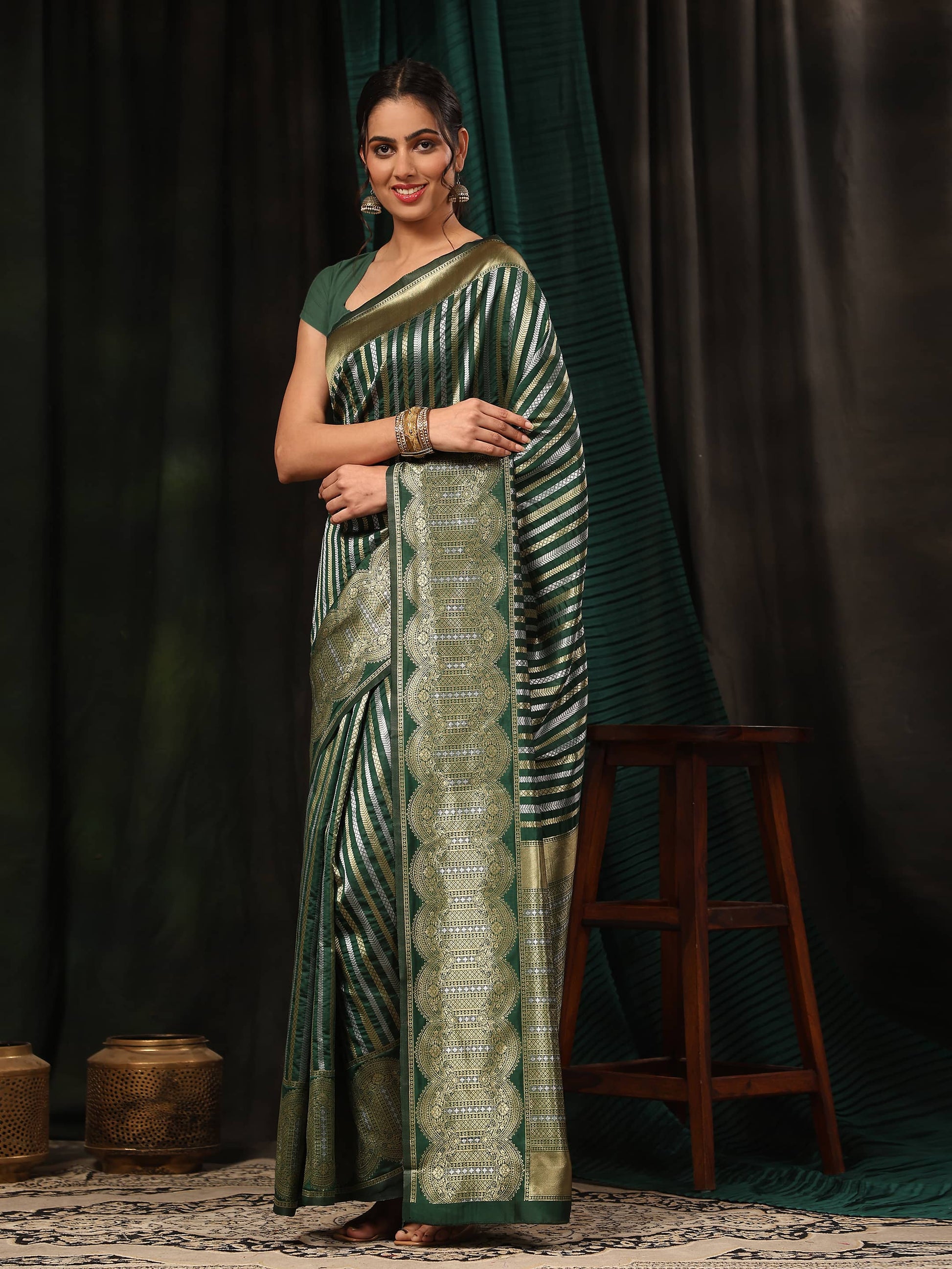Hiral Fashion Green Banarasi Art Silk Striped Zari Woven Saree | Swadesiicart