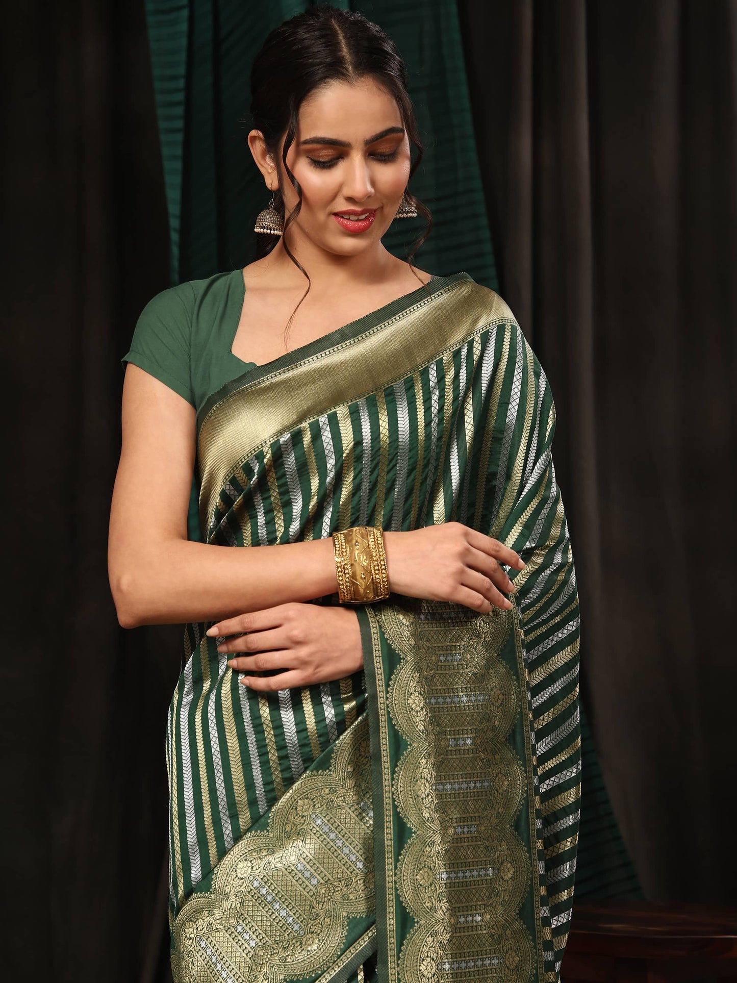 Hiral Fashion Green Banarasi Art Silk Striped Zari Woven Saree | Swadesiicart