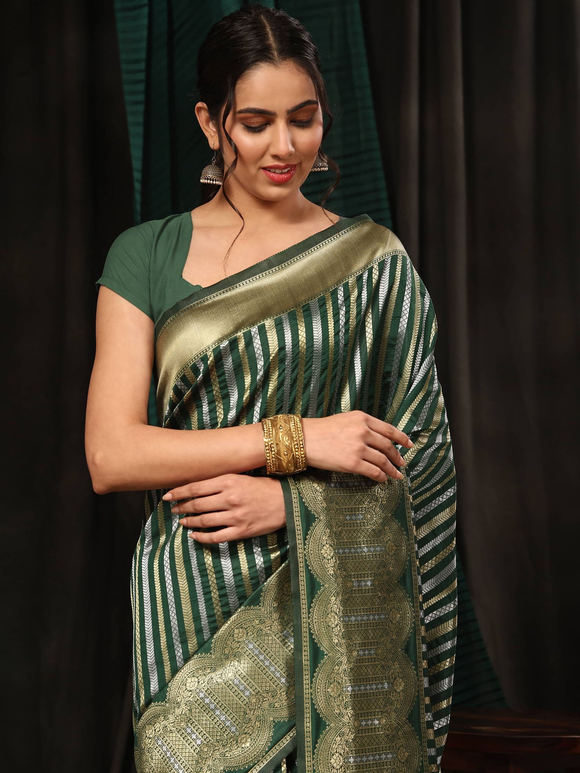 Hiral Fashion Green Banarasi Art Silk Striped Zari Woven Saree | Swadesiicart