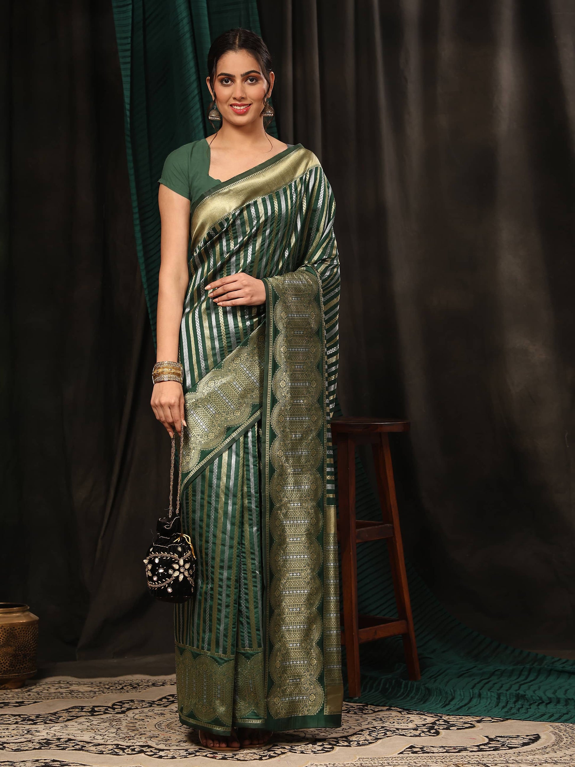 Hiral Fashion Green Banarasi Art Silk Striped Zari Woven Saree | Swadesiicart