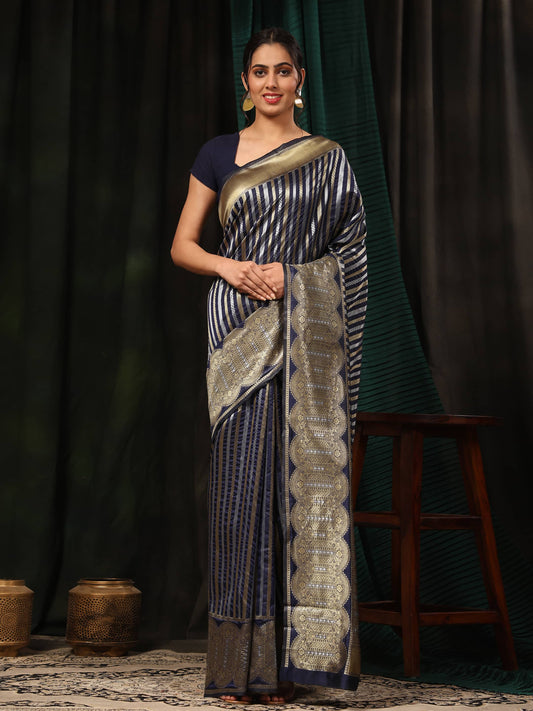 Hiral Fashion Navy Blue Banarasi Art Silk Striped Zari Woven Saree | Swadesiicart