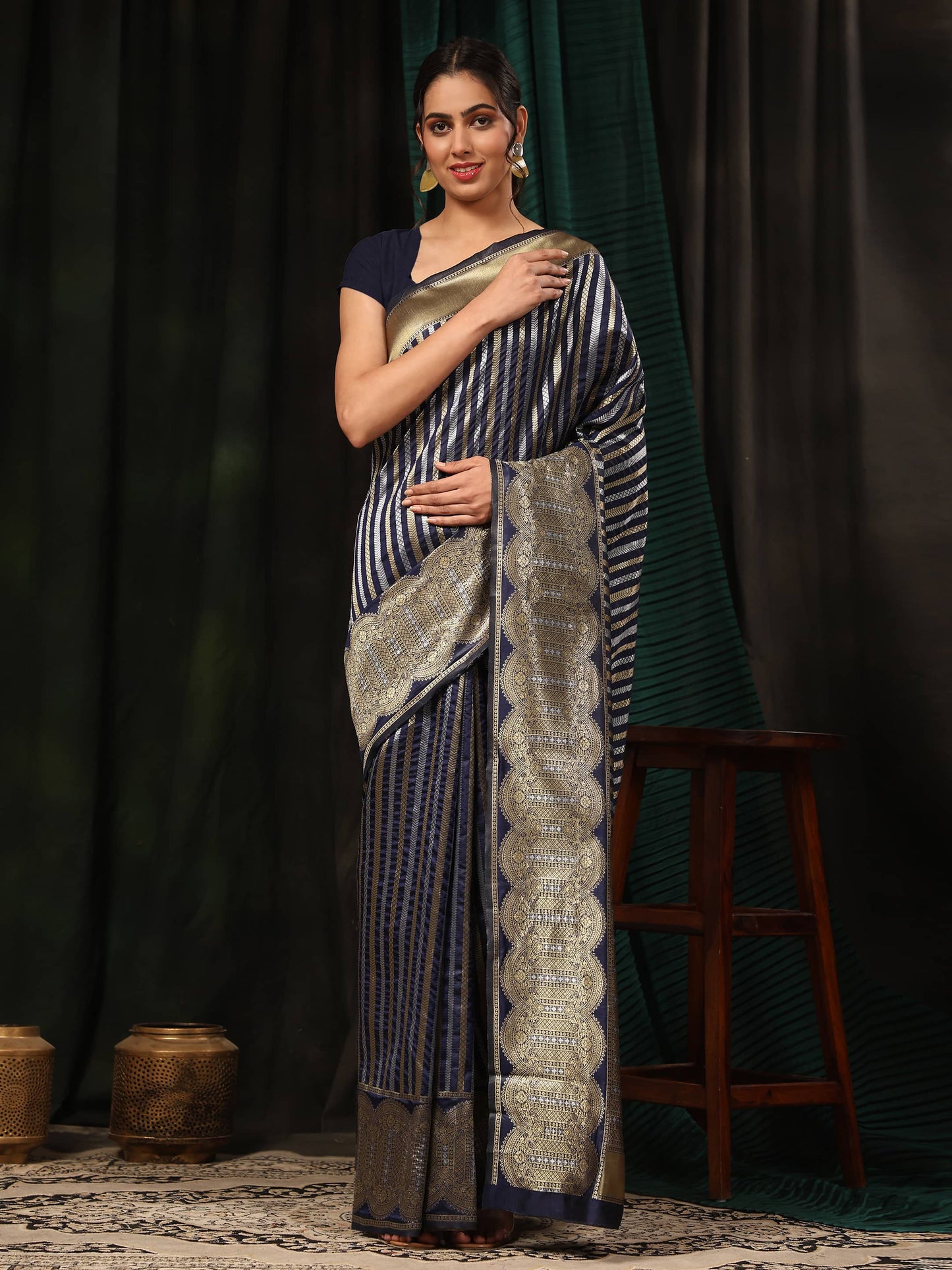 Hiral Fashion Navy Blue Banarasi Art Silk Striped Zari Woven Saree | Swadesiicart