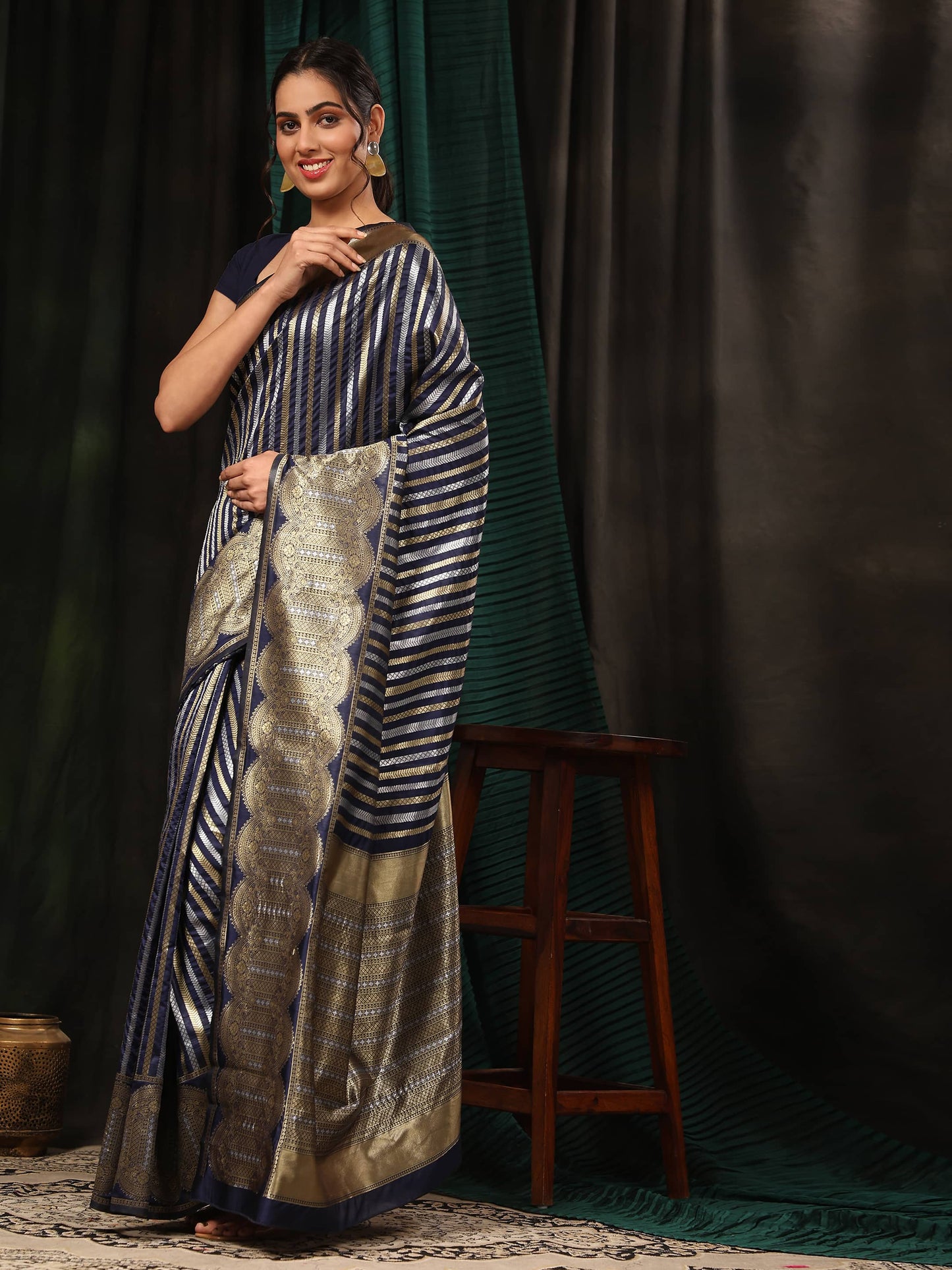 Hiral Fashion Navy Blue Banarasi Art Silk Striped Zari Woven Saree | Swadesiicart