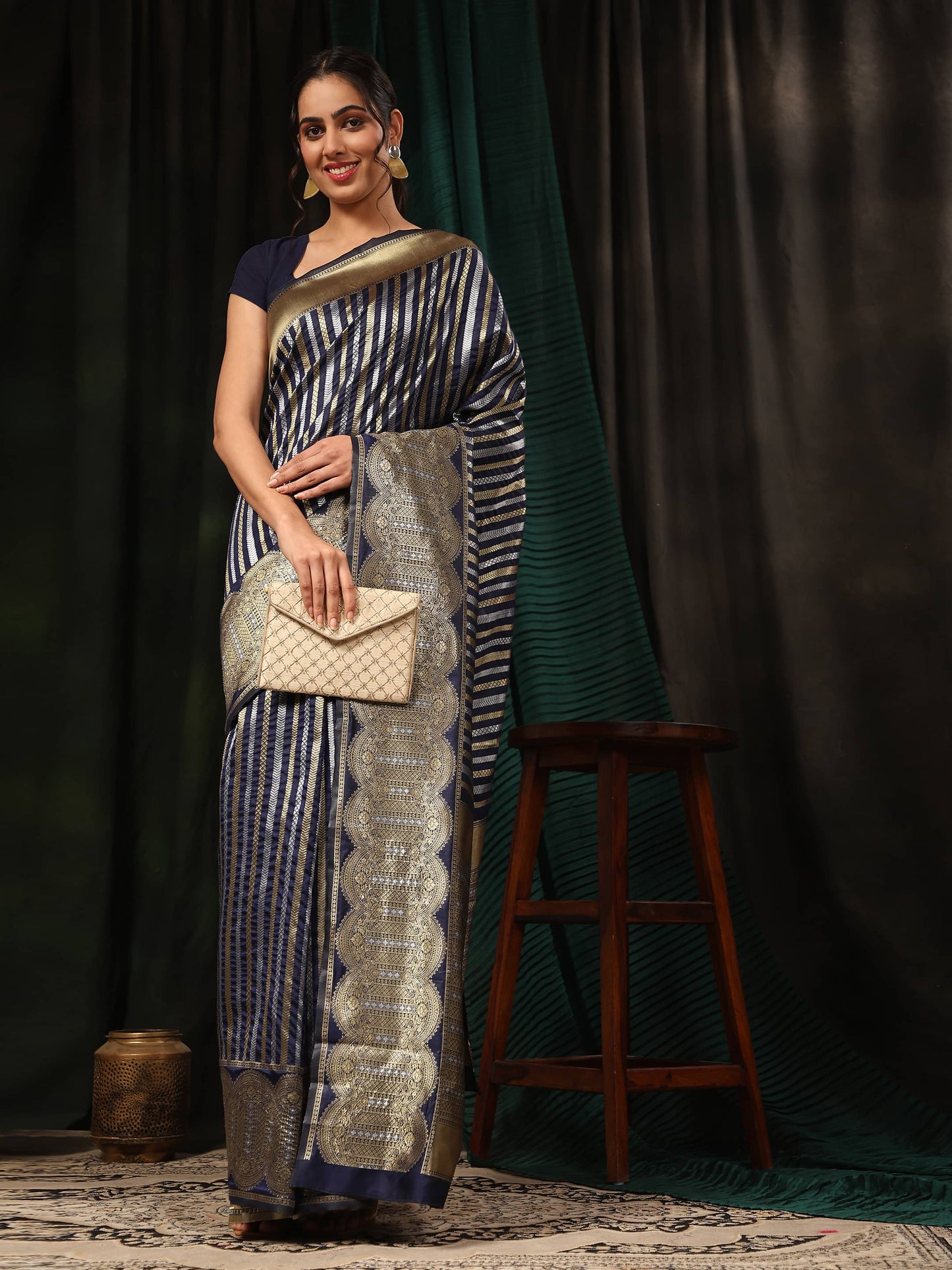Hiral Fashion Navy Blue Banarasi Art Silk Striped Zari Woven Saree | Swadesiicart