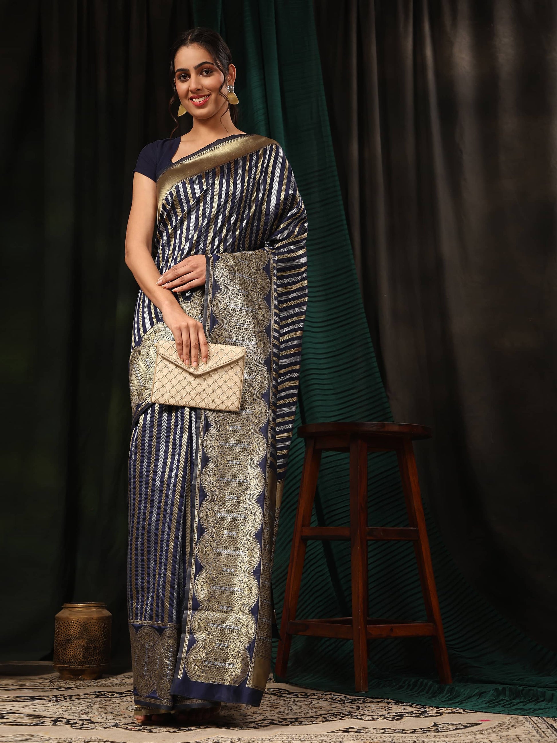 Hiral Fashion Navy Blue Banarasi Art Silk Striped Zari Woven Saree | Swadesiicart