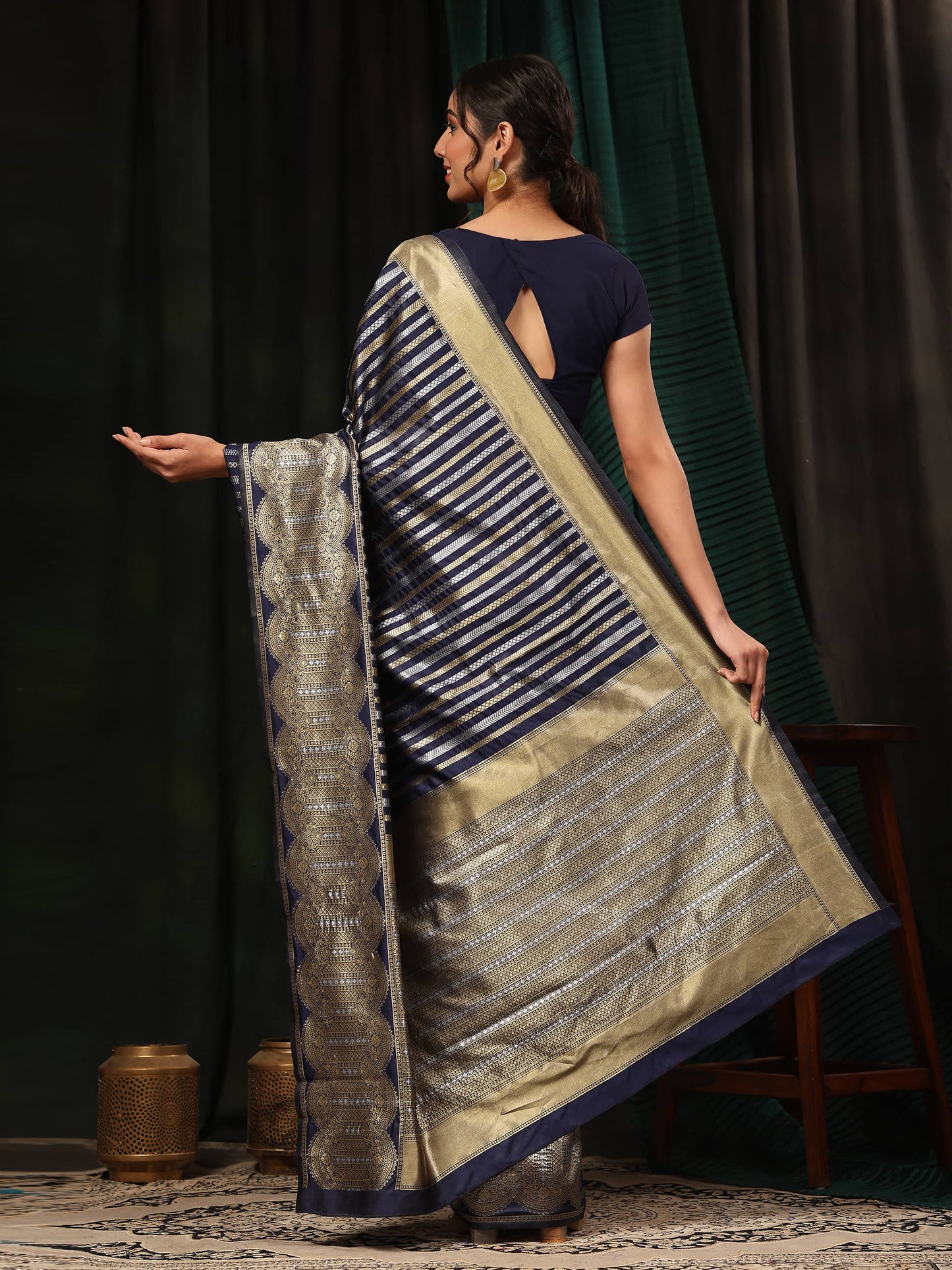 Hiral Fashion Navy Blue Banarasi Art Silk Striped Zari Woven Saree | Swadesiicart