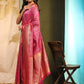 Hiral Fashion Pink Banarasi Art Silk Striped Zari Woven Saree | Swadesiicart