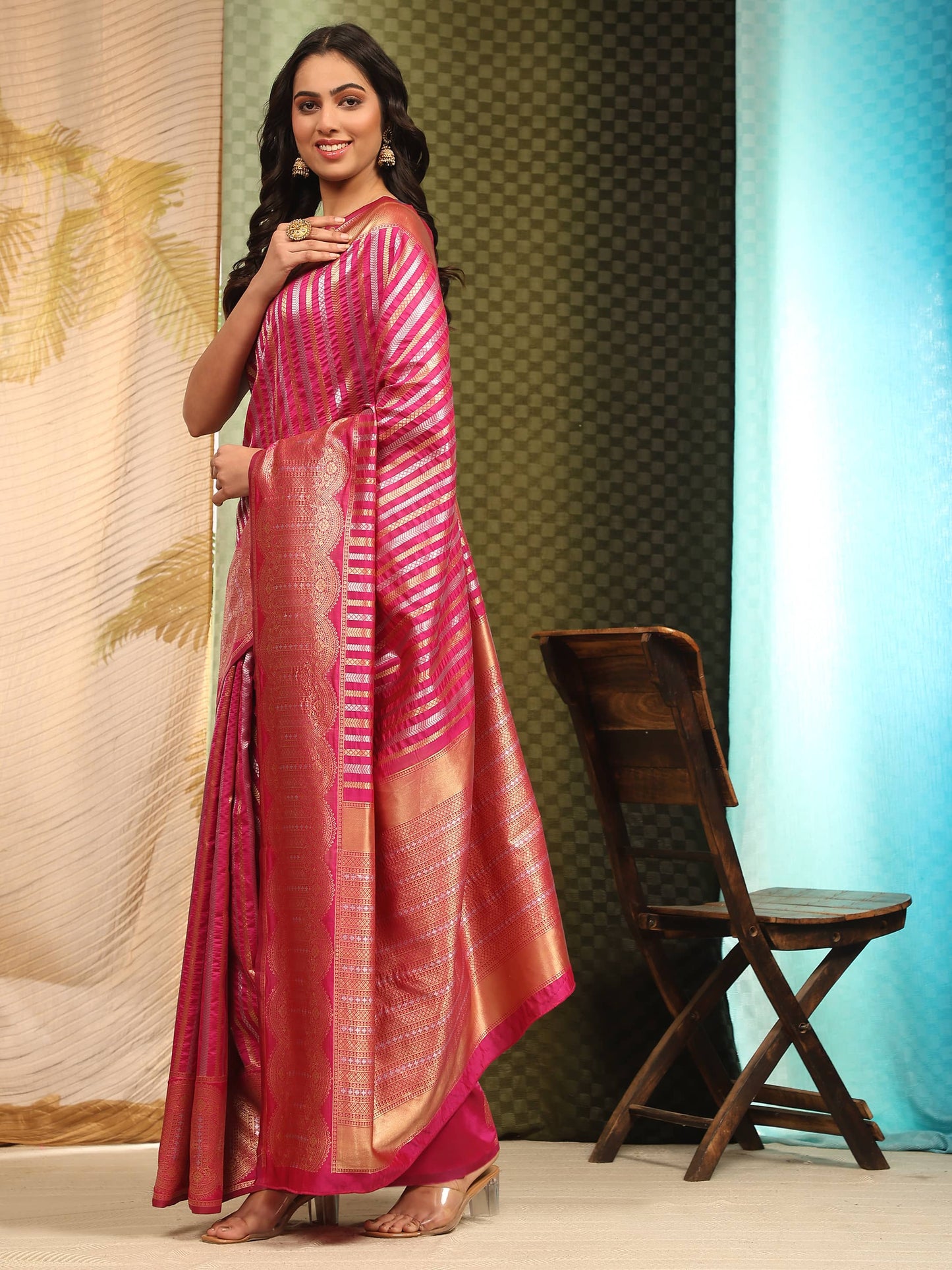Hiral Fashion Pink Banarasi Art Silk Striped Zari Woven Saree | Swadesiicart
