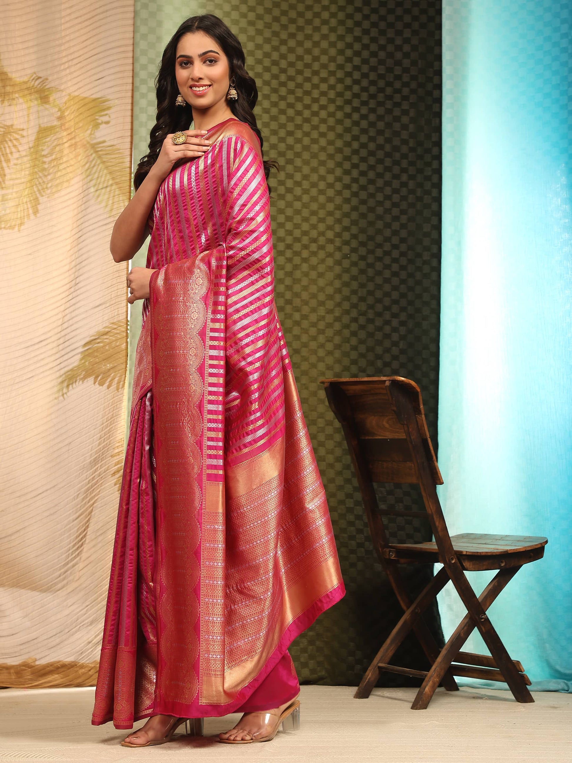 Hiral Fashion Pink Banarasi Art Silk Striped Zari Woven Saree | Swadesiicart