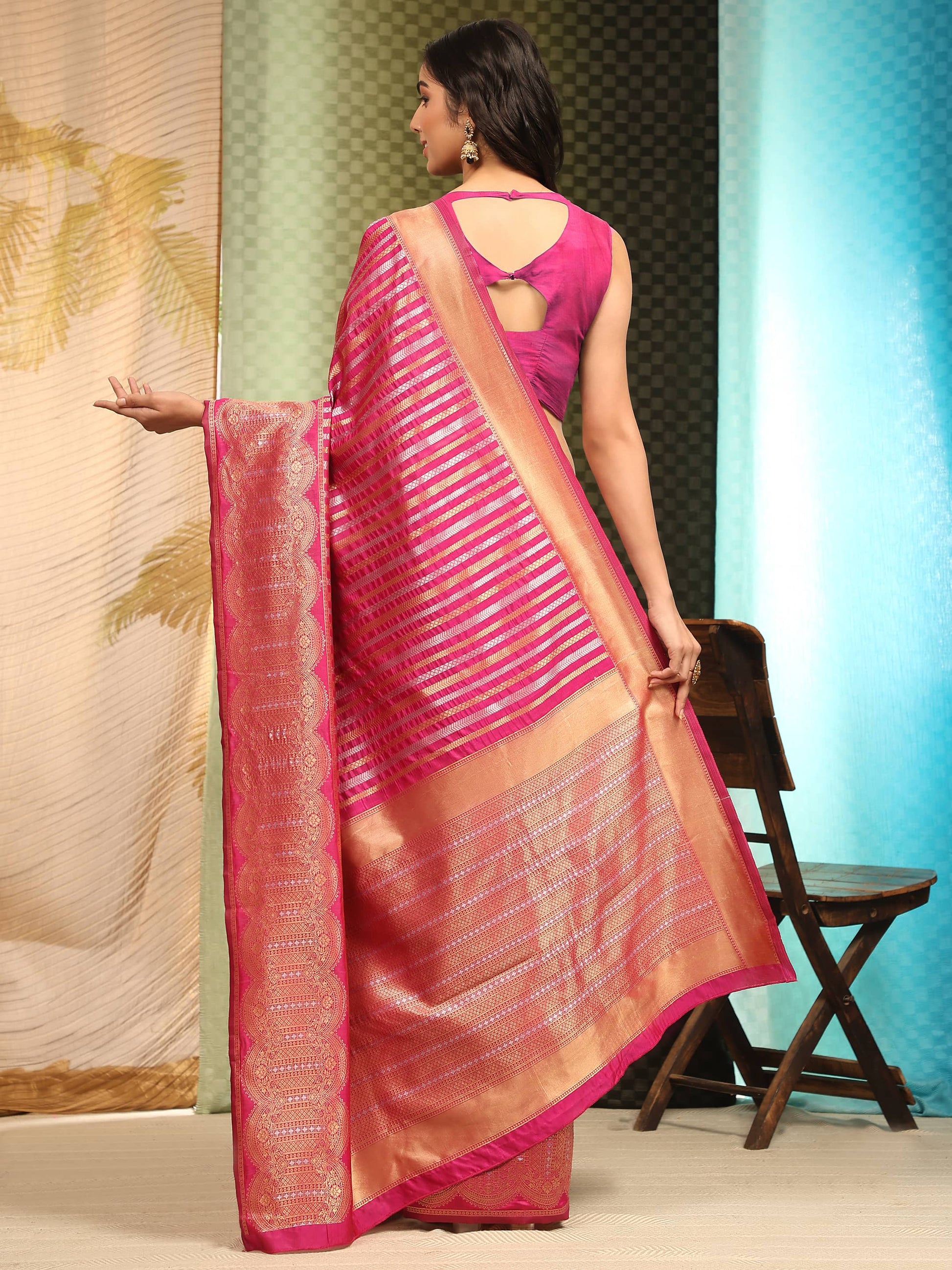 Hiral Fashion Pink Banarasi Art Silk Striped Zari Woven Saree | Swadesiicart