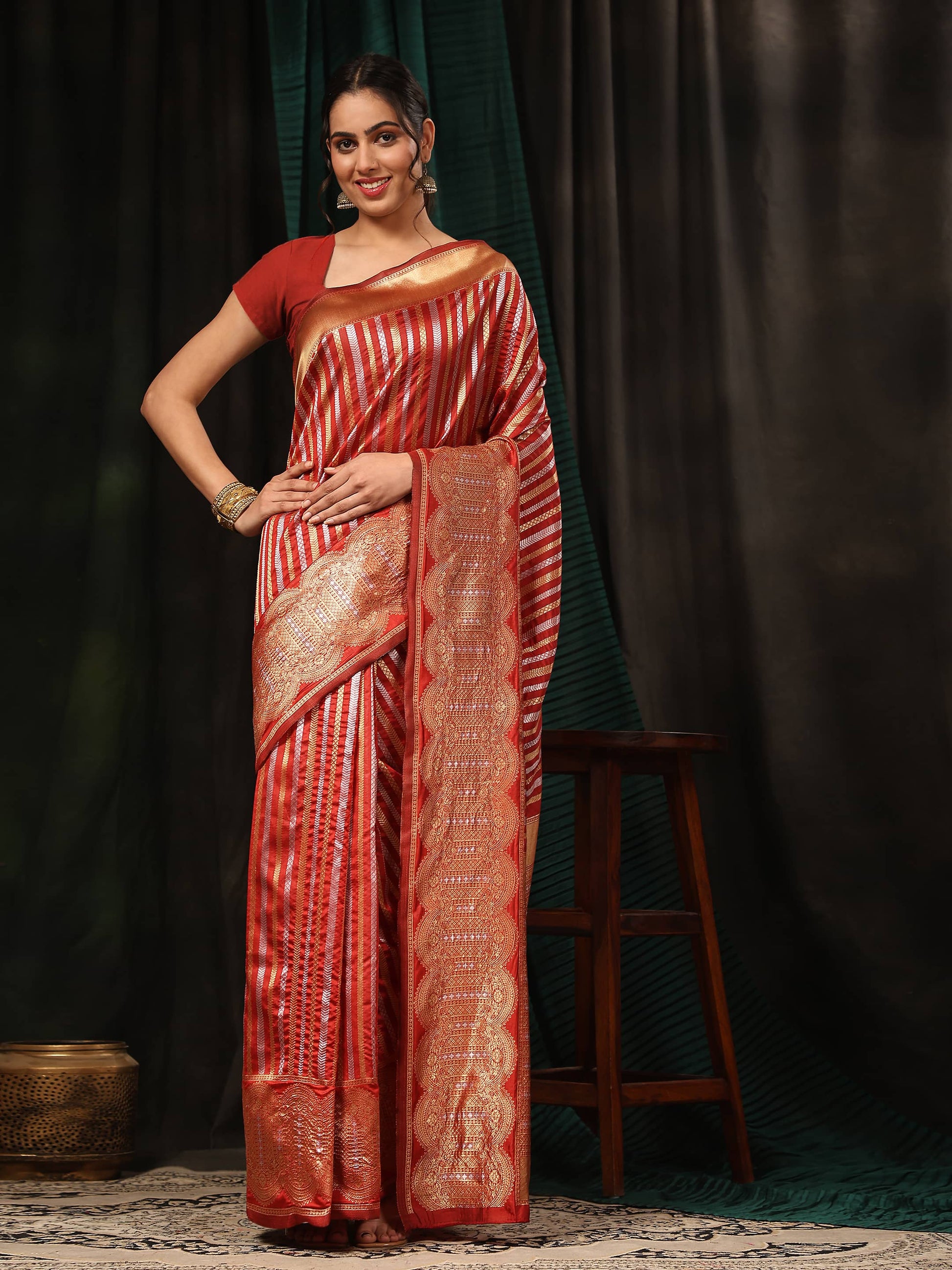 Hiral Fashion Red Banarasi Art Silk Striped Zari Woven Saree | Swadesiicart