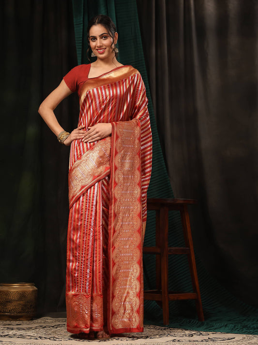 Hiral Fashion Red Banarasi Art Silk Striped Zari Woven Saree | Swadesiicart