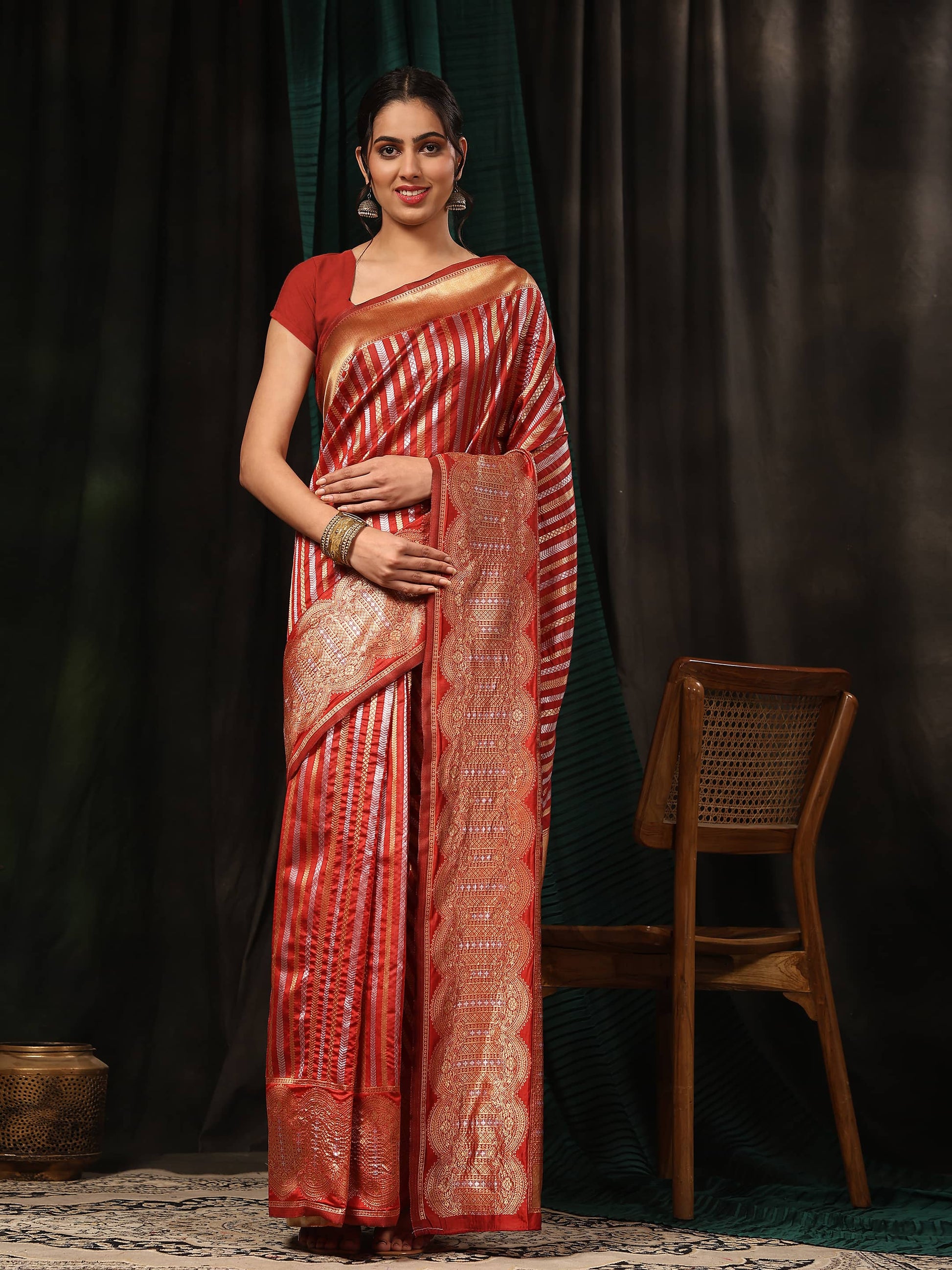 Hiral Fashion Red Banarasi Art Silk Striped Zari Woven Saree | Swadesiicart