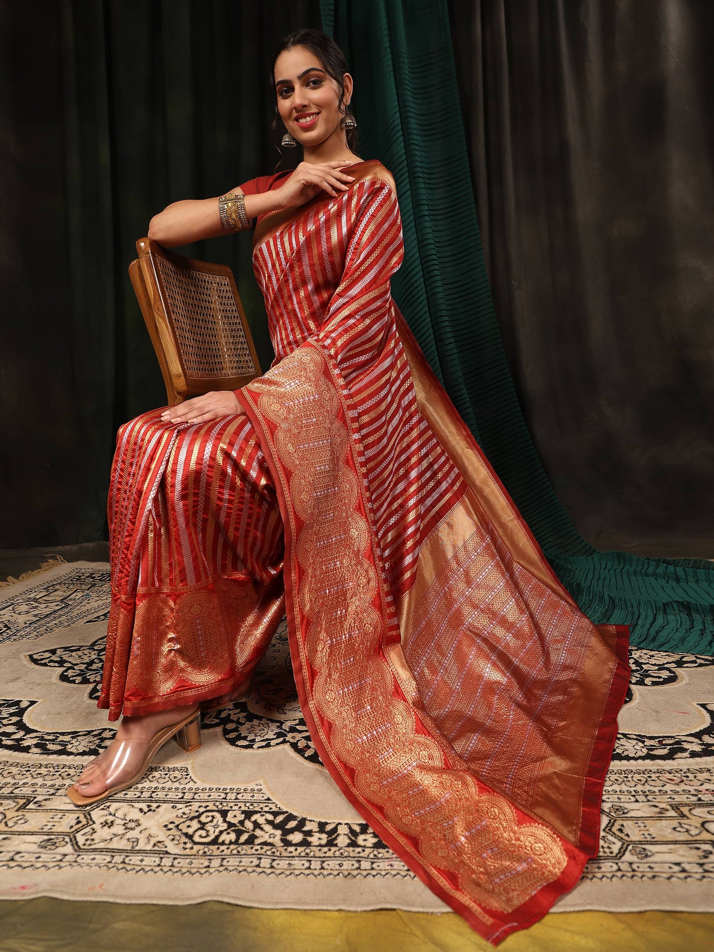 Hiral Fashion Red Banarasi Art Silk Striped Zari Woven Saree | Swadesiicart