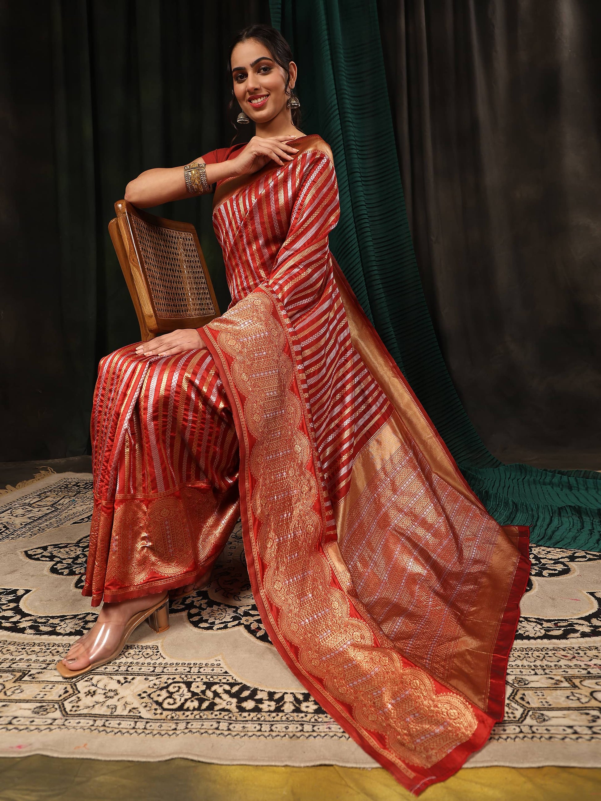 Hiral Fashion Red Banarasi Art Silk Striped Zari Woven Saree | Swadesiicart