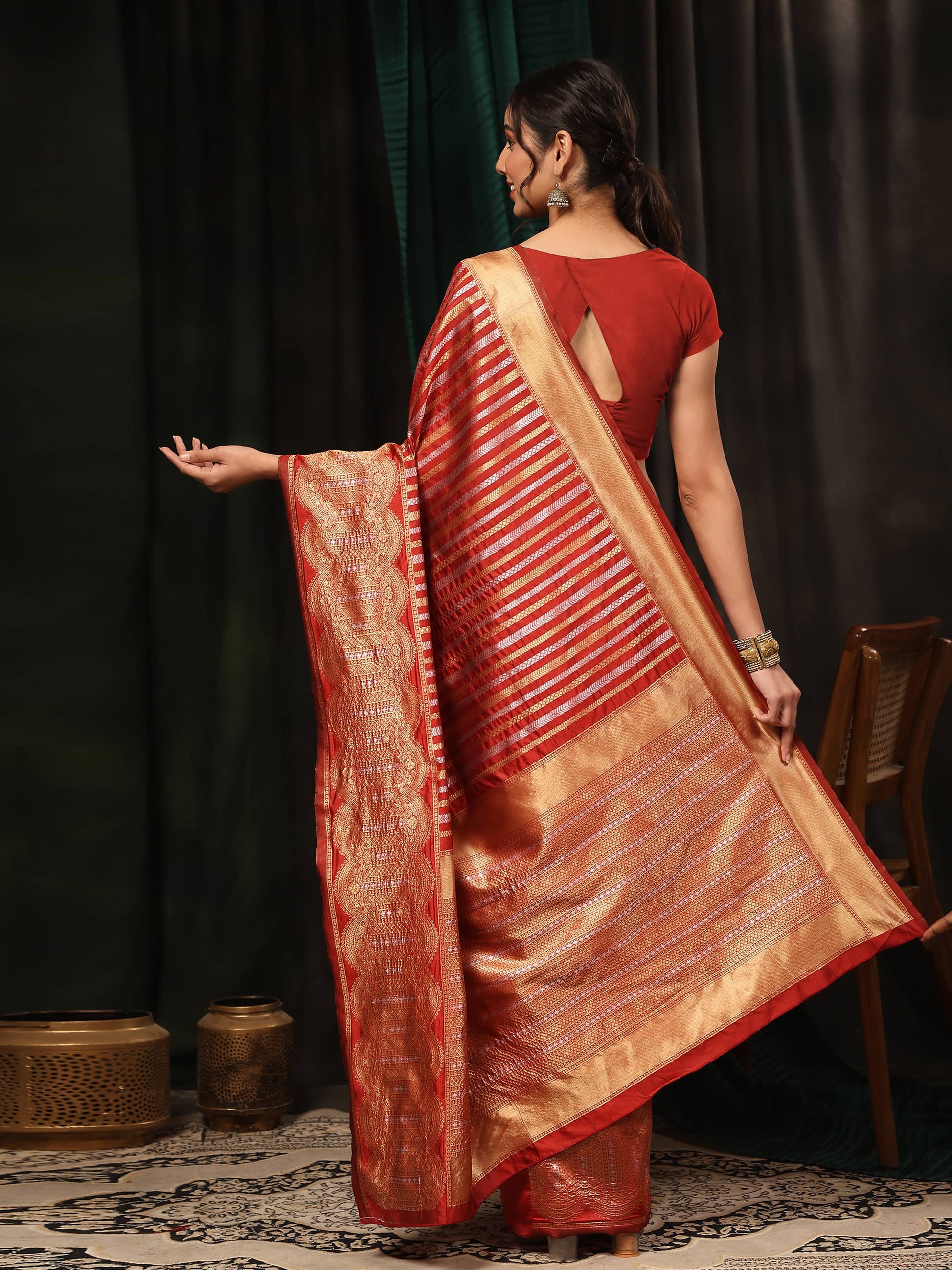 Hiral Fashion Red Banarasi Art Silk Striped Zari Woven Saree | Swadesiicart