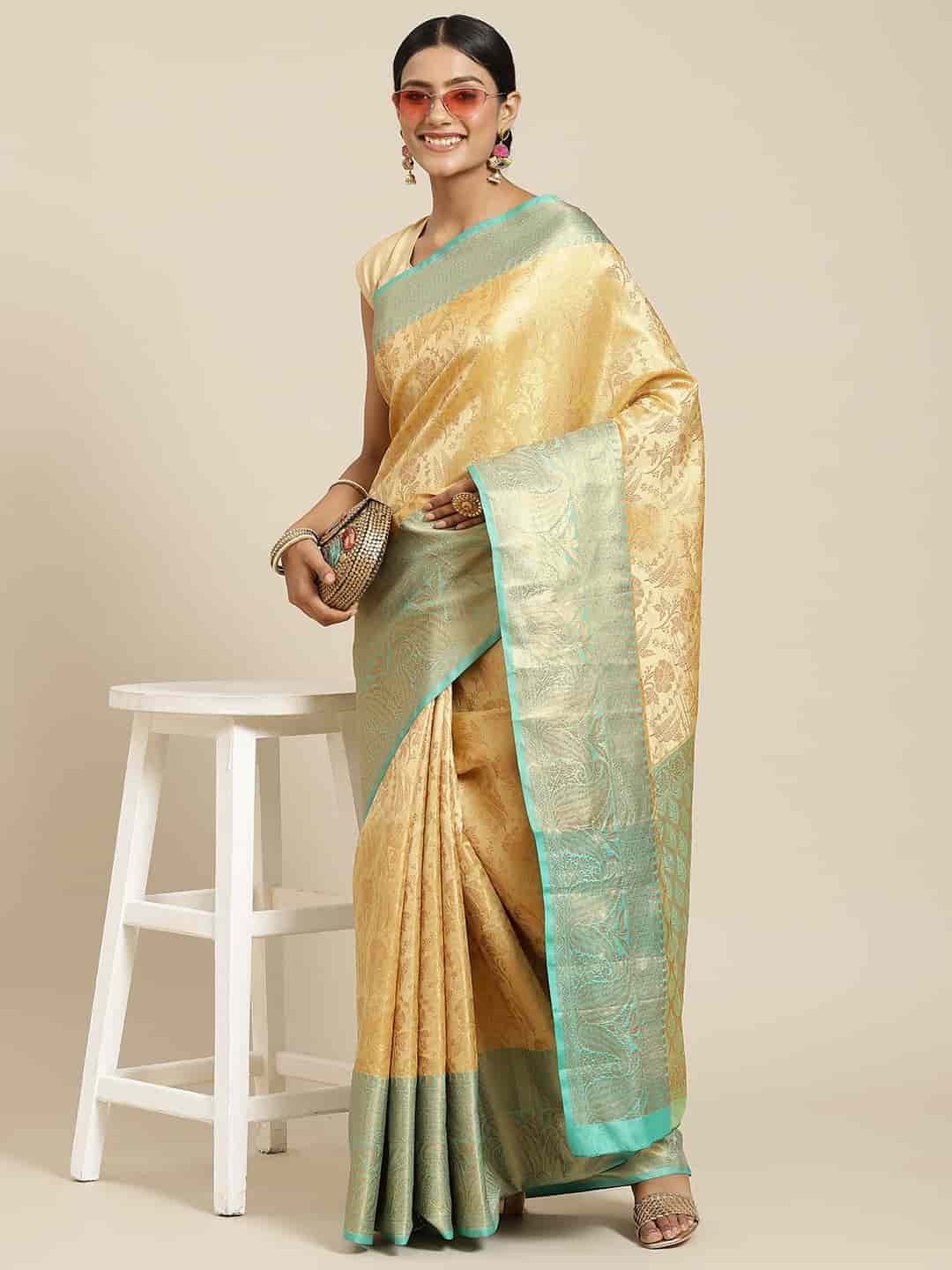 Hiral Fashion Beige Kanjeevaram Art Silk Floral Woven Design Saree | Swadesiicart
