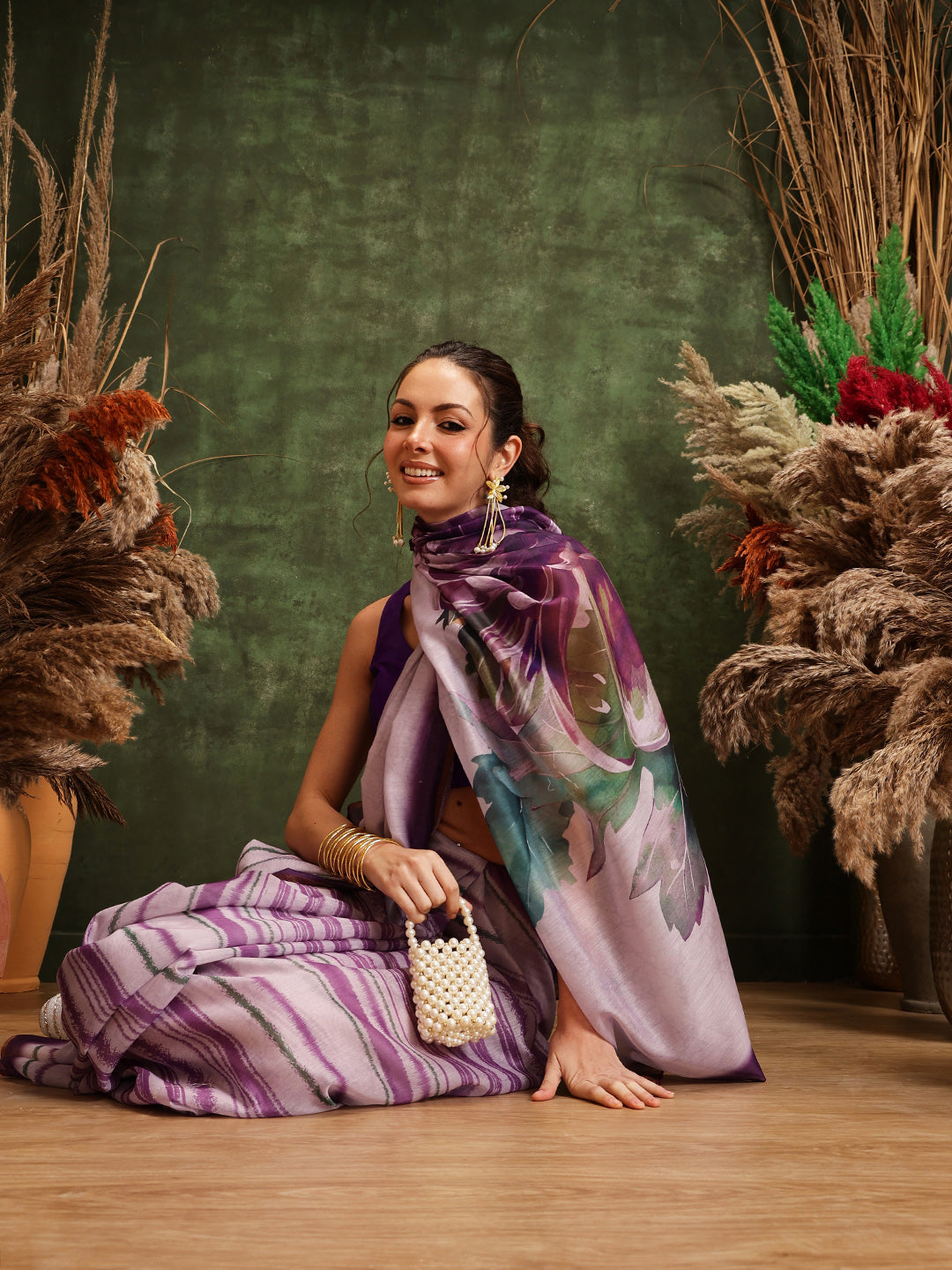 Hiral Fashion Lavender Cotton Silk Stripes Digital Printed Saree | Swadesiicart
