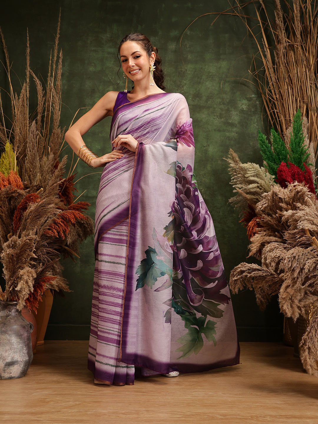 Hiral Fashion Lavender Cotton Silk Stripes Digital Printed Saree | Swadesiicart