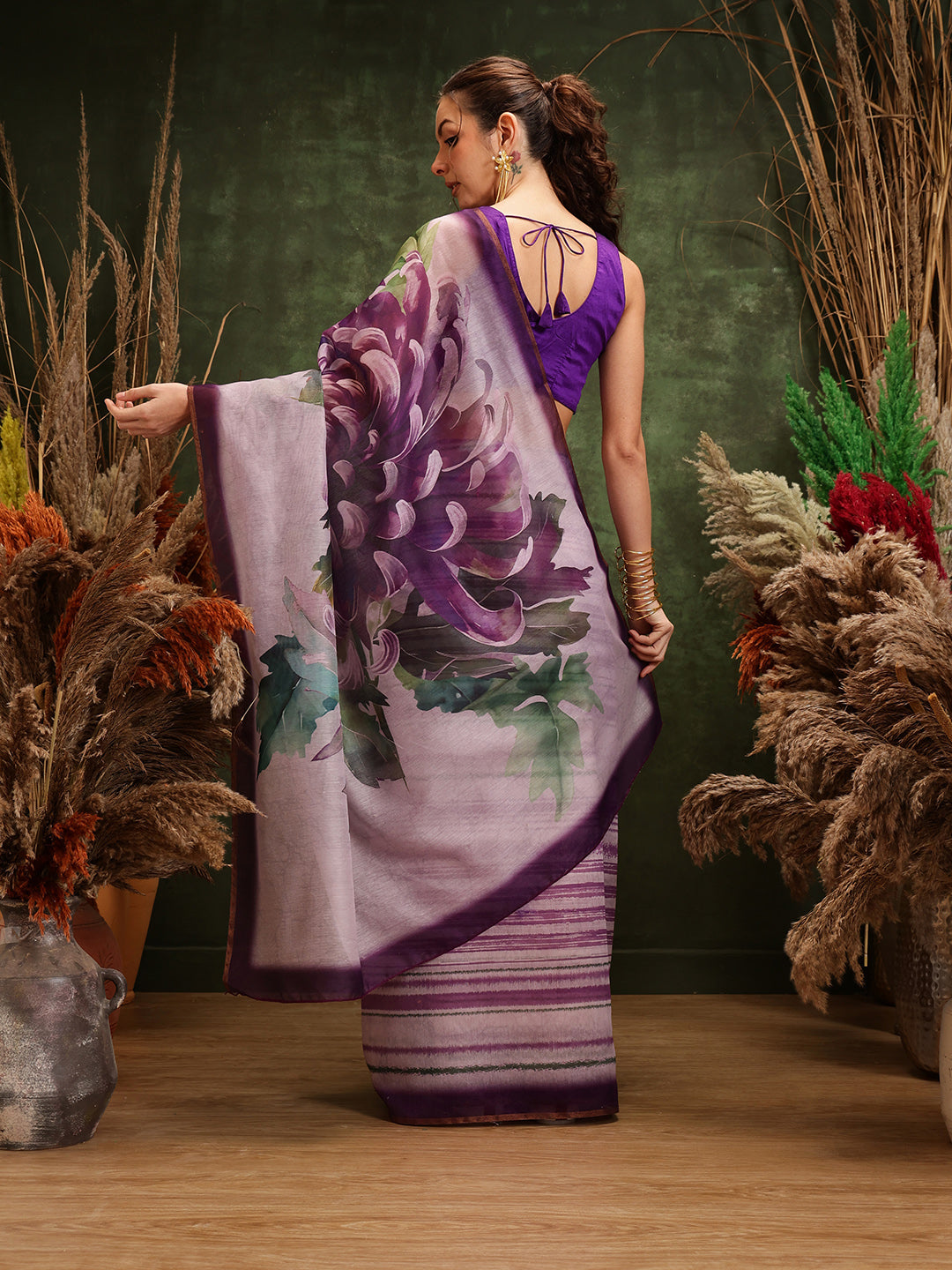 Hiral Fashion Lavender Cotton Silk Stripes Digital Printed Saree | Swadesiicart