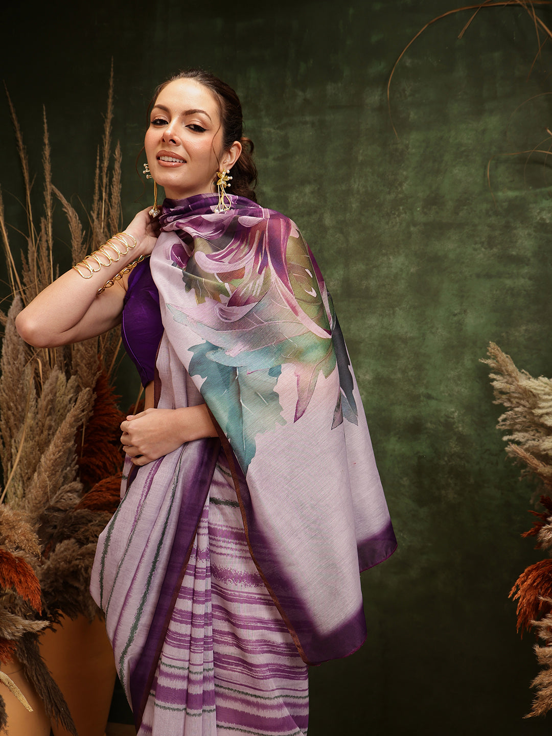 Hiral Fashion Lavender Cotton Silk Stripes Digital Printed Saree | Swadesiicart