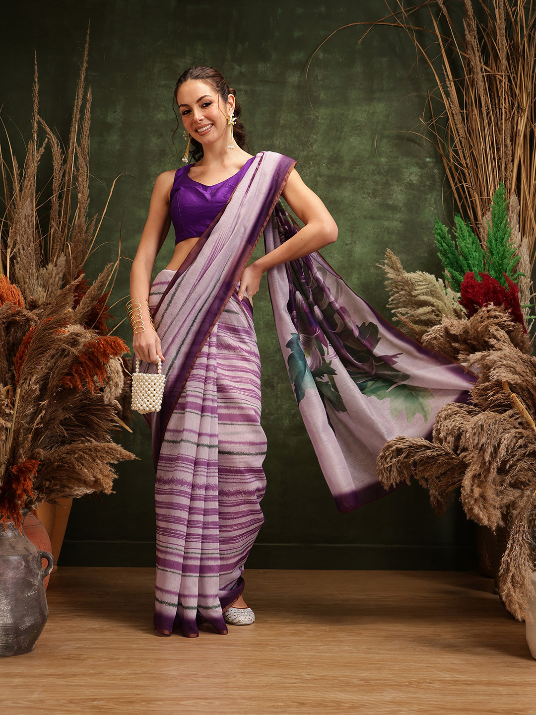 Hiral Fashion Lavender Cotton Silk Stripes Digital Printed Saree | Swadesiicart
