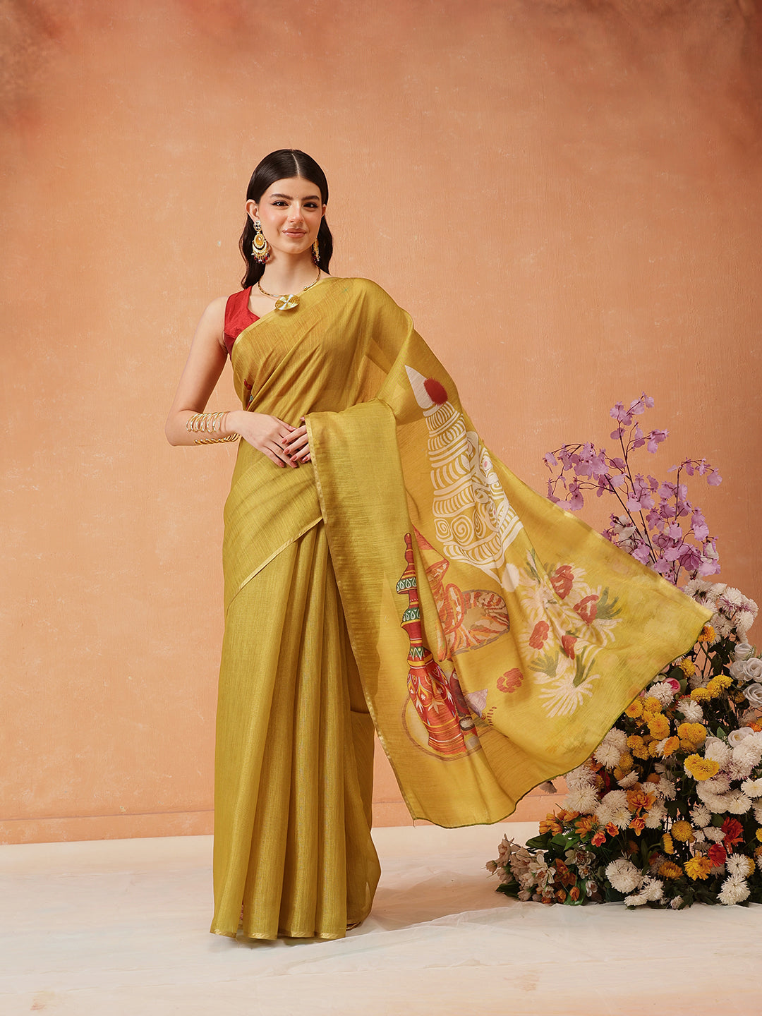 Hiral Fashion Mustard Cotton Silk Kalamkari Digital Printed Saree | Swadesiicart