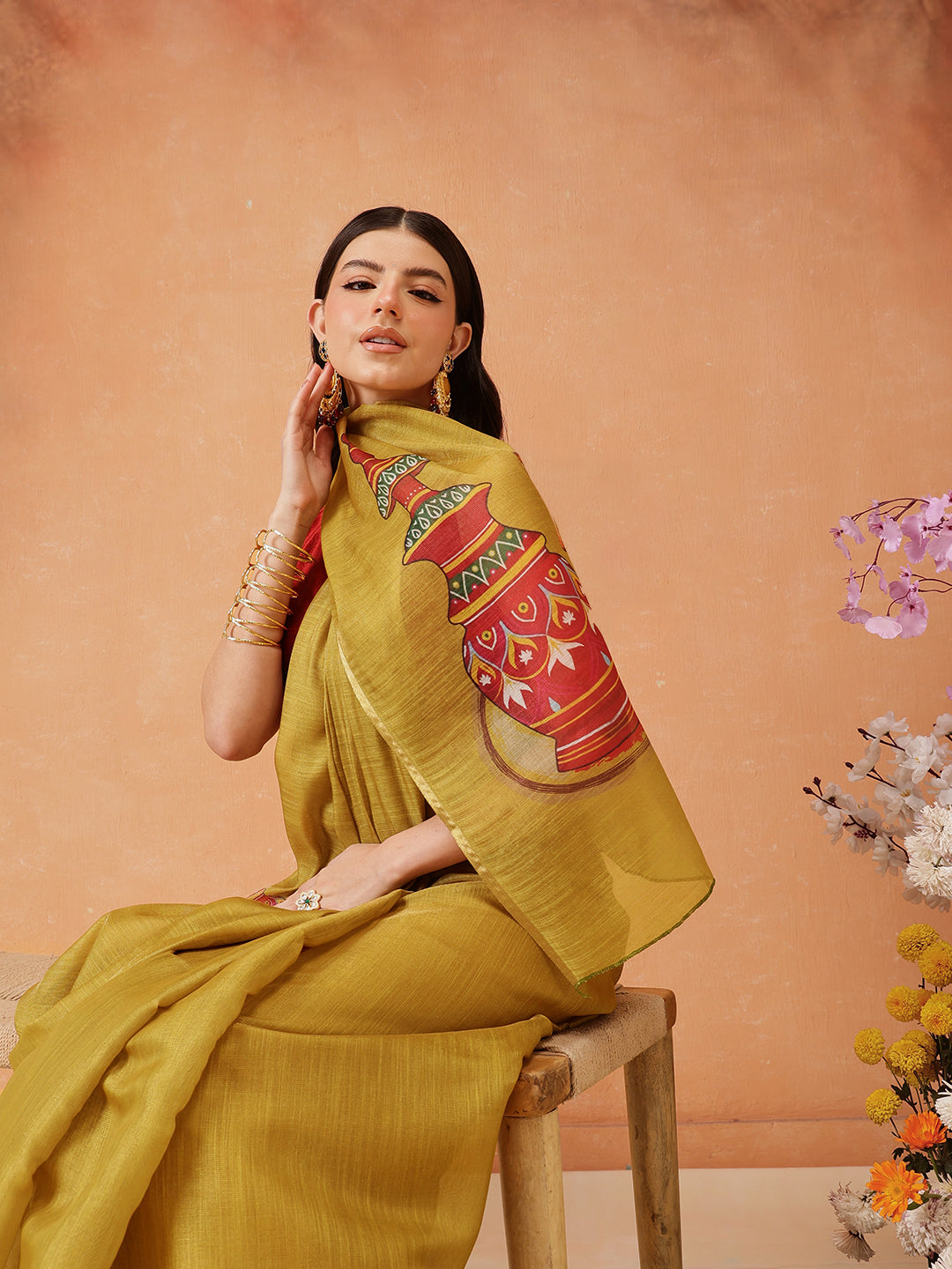 Hiral Fashion Mustard Cotton Silk Kalamkari Digital Printed Saree | Swadesiicart