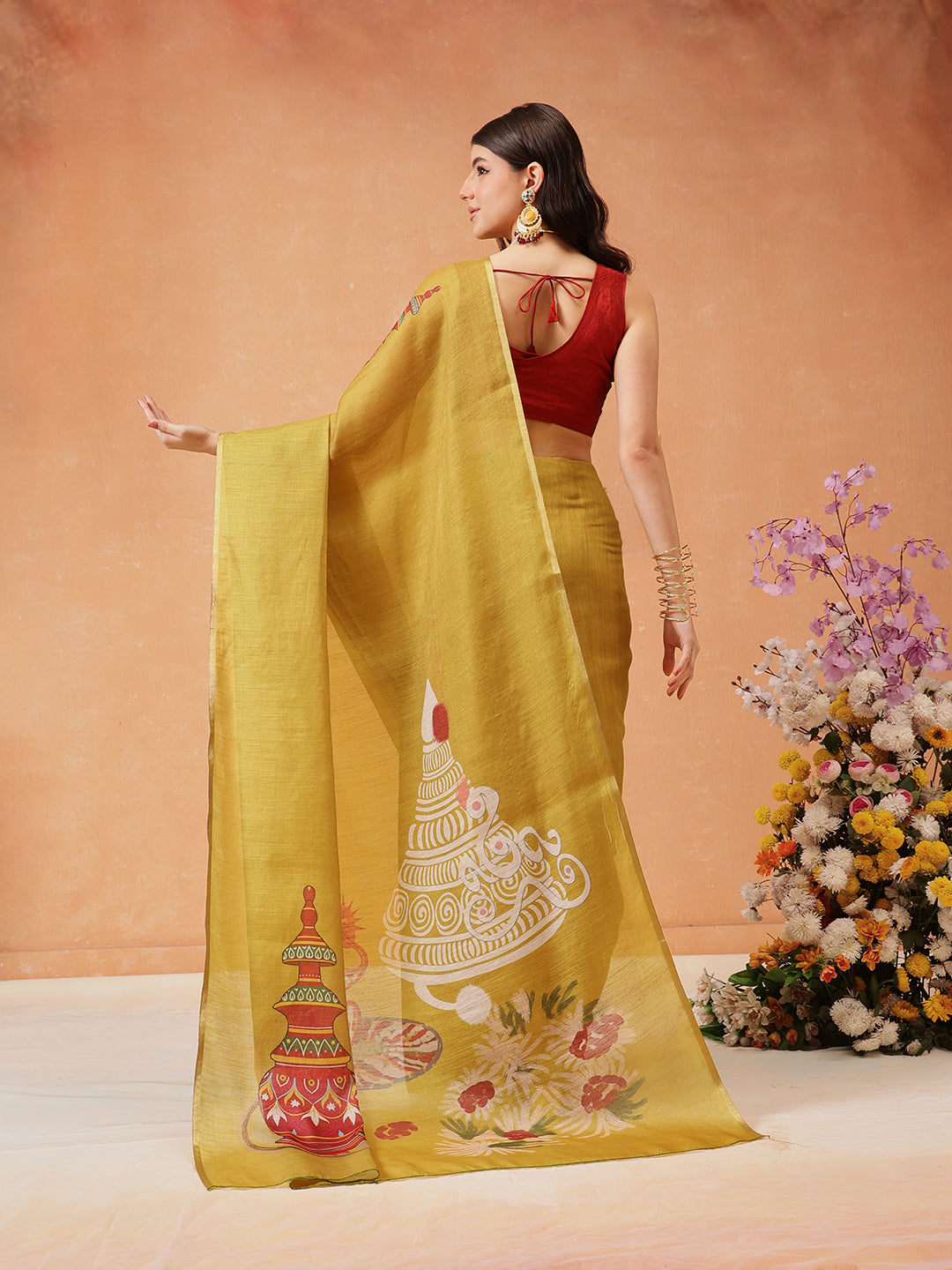 Hiral Fashion Mustard Cotton Silk Kalamkari Digital Printed Saree | Swadesiicart