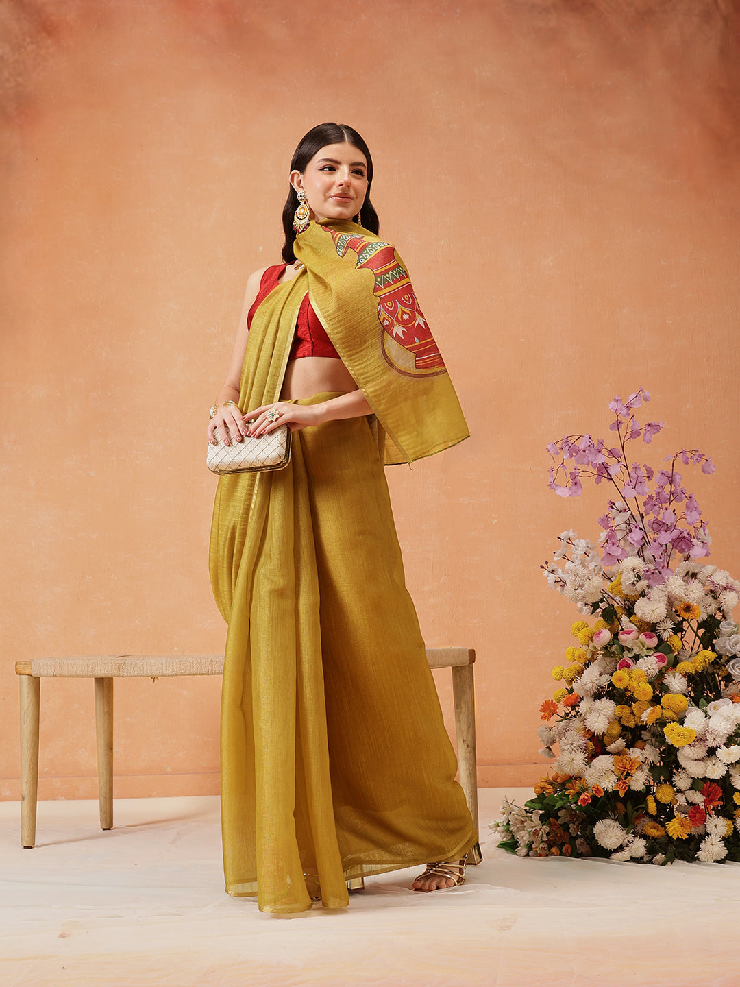 Hiral Fashion Mustard Cotton Silk Kalamkari Digital Printed Saree | Swadesiicart