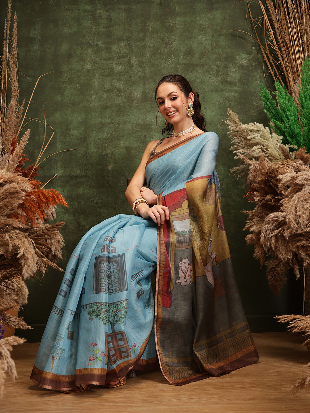 Hiral Fashion Teal Cotton Silk Kalamkari Digital Printed Saree | Swadesiicart
