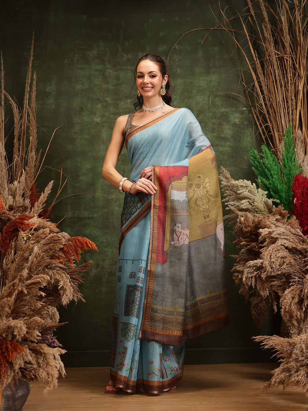 Hiral Fashion Teal Cotton Silk Kalamkari Digital Printed Saree | Swadesiicart