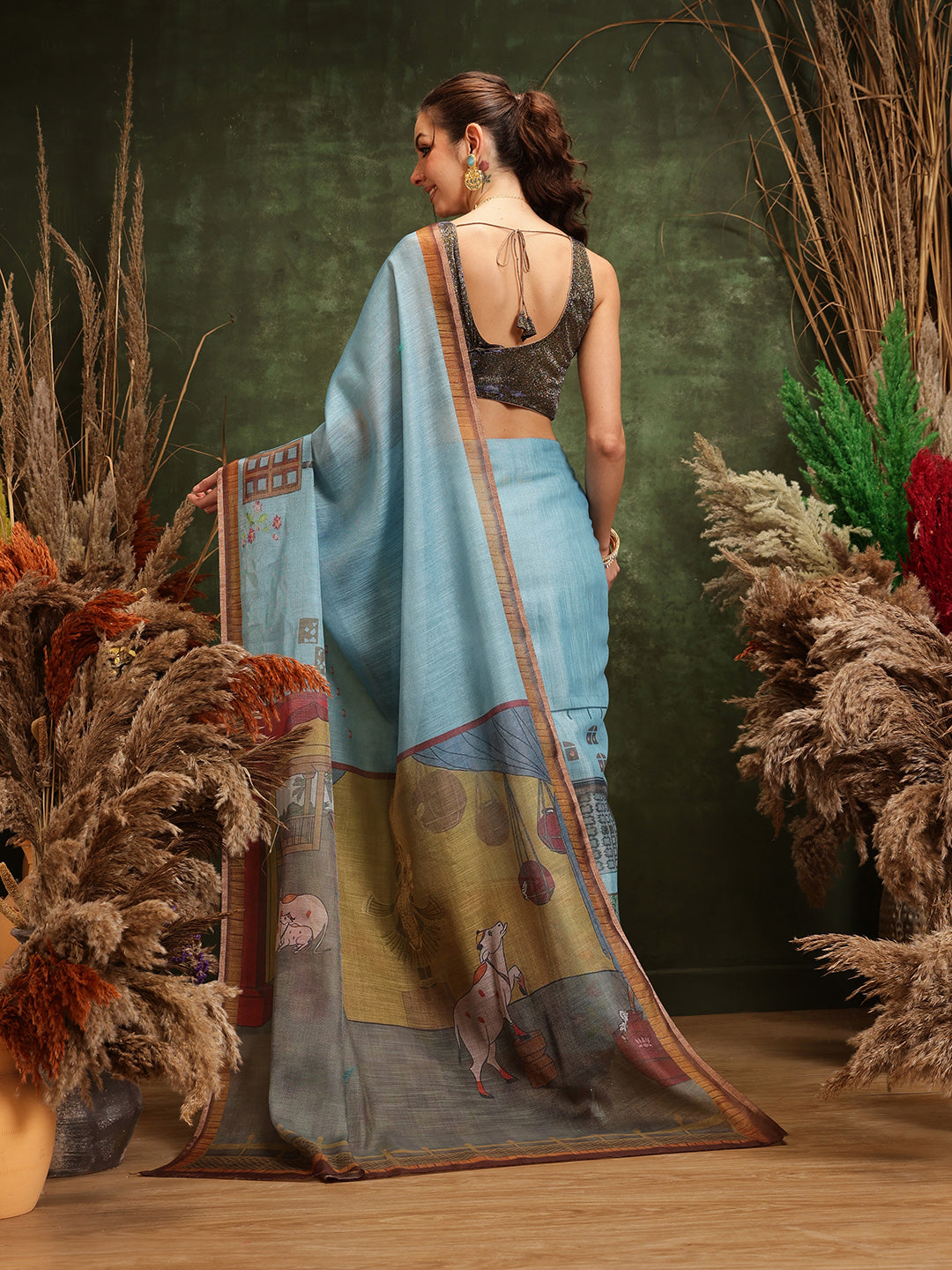 Hiral Fashion Teal Cotton Silk Kalamkari Digital Printed Saree | Swadesiicart