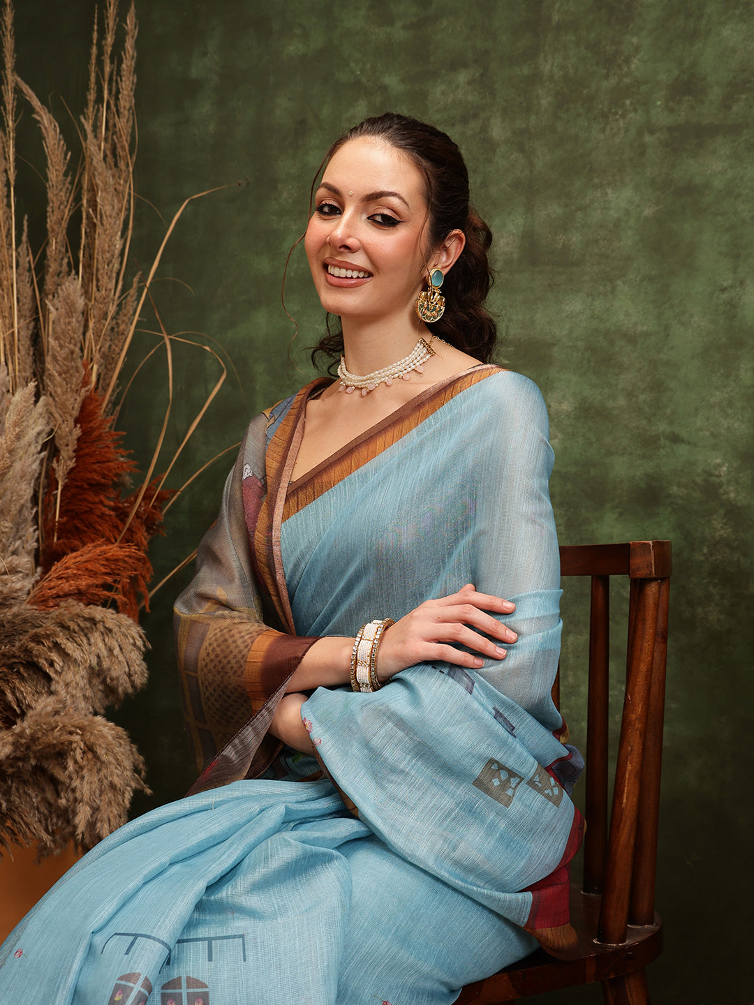 Hiral Fashion Teal Cotton Silk Kalamkari Digital Printed Saree | Swadesiicart